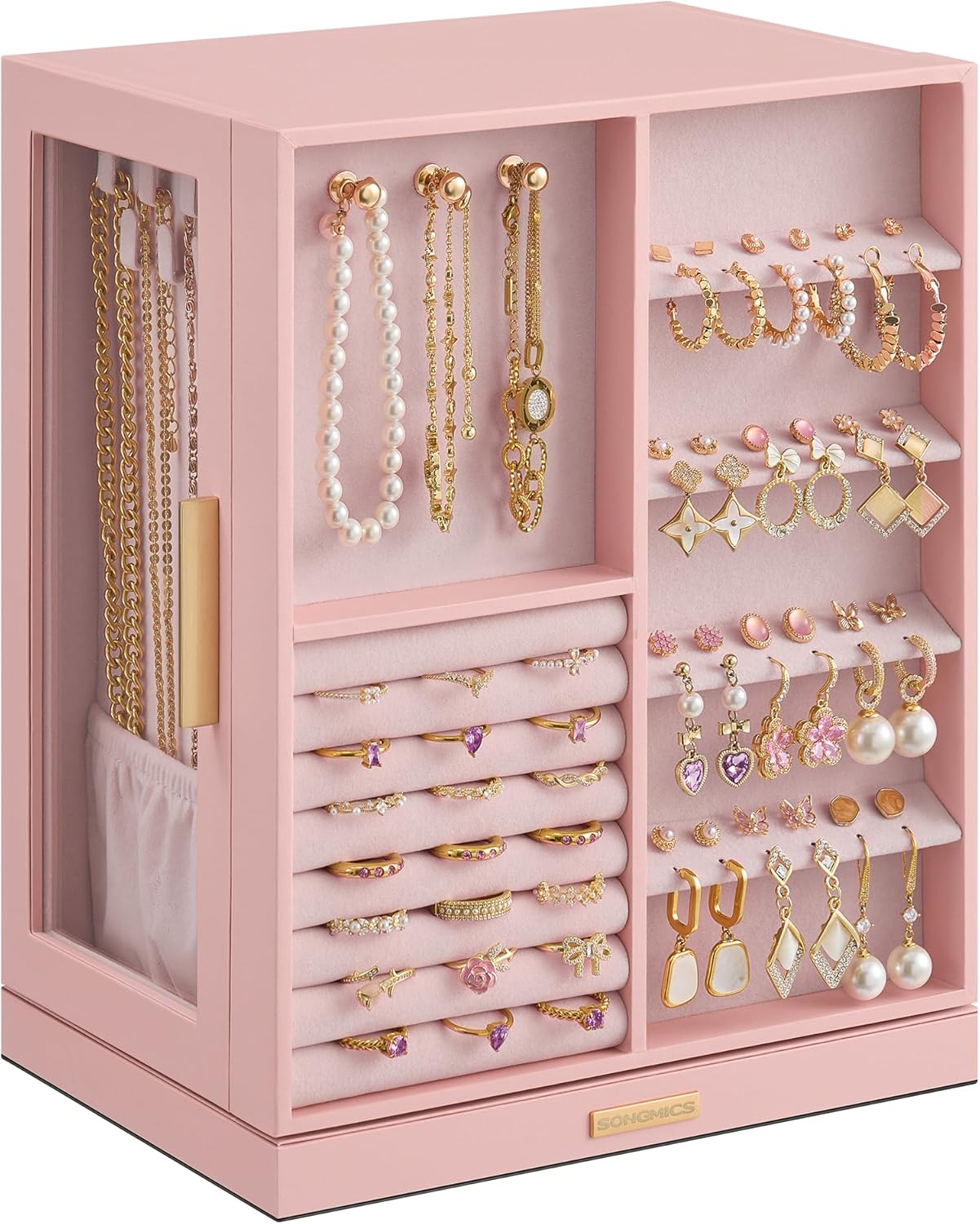 SONGMICS Jewelry Box 360° Rotating. Jewelry Storage Case with 5 Drawers. Jewelry Organizer. Glass Window. Spacious. Vertical Jewelry Storage. Open Design. Great Gift. Cloud White UJBC170W01