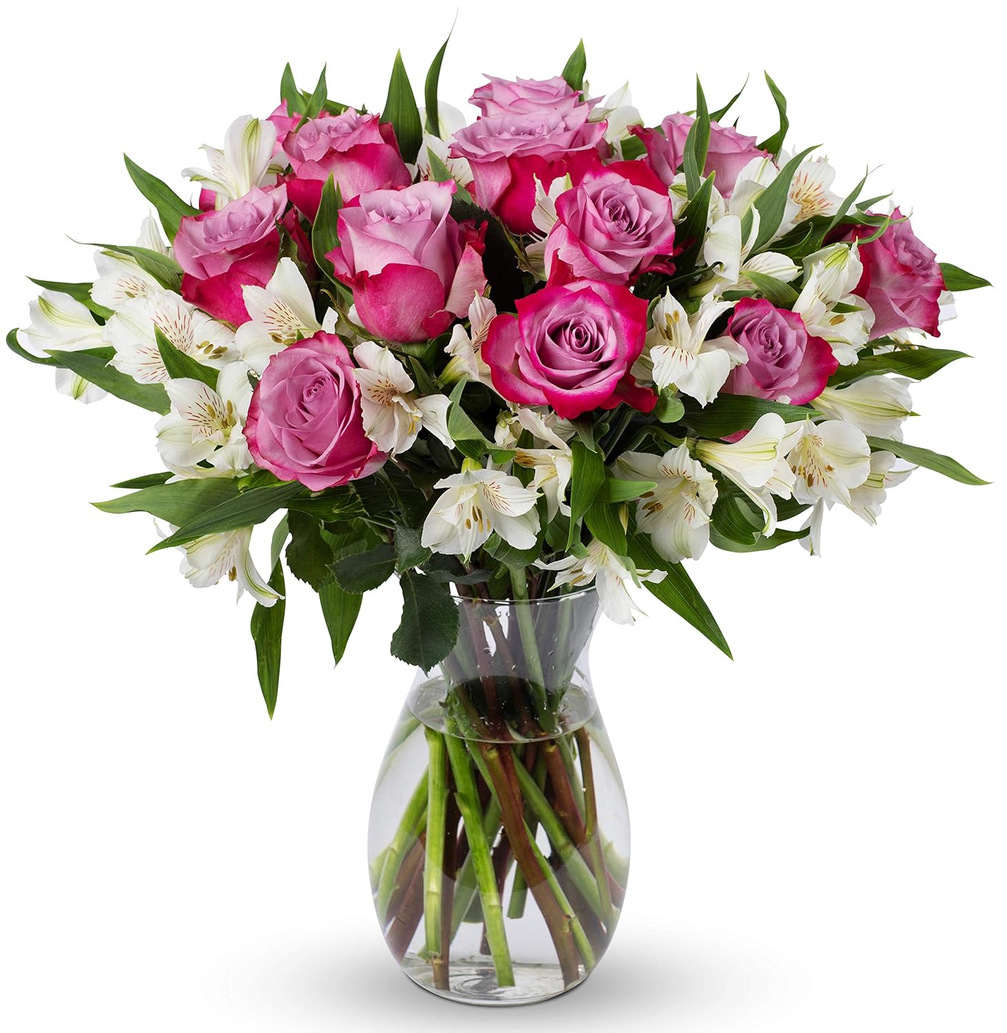 Benchmark Bouquets - Charming Roses & Alstroemeria (Glass Vase Included) - Fresh Flowers for Delivery - Gift for Graduation. Birthday. Anniversary. Sympathy. Get Well. Congratulations