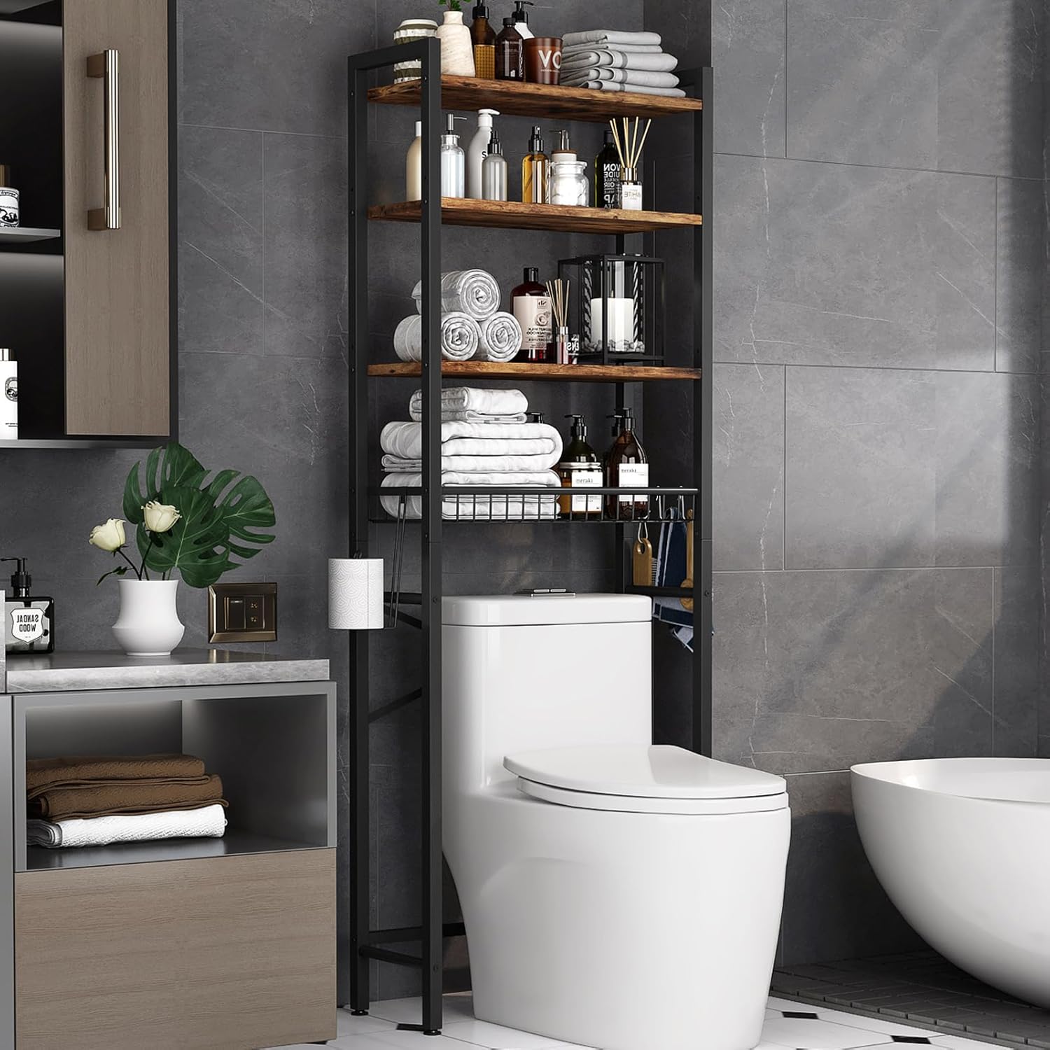 Over-The-Toilet Storage Rack. 4-Tier Bathroom Organizer Shelf Over Toilet with Adjustable Shelf and Basket. Freestanding Space Saver Bathroom Shelves Above Toilet for Room (Vintage Brown)