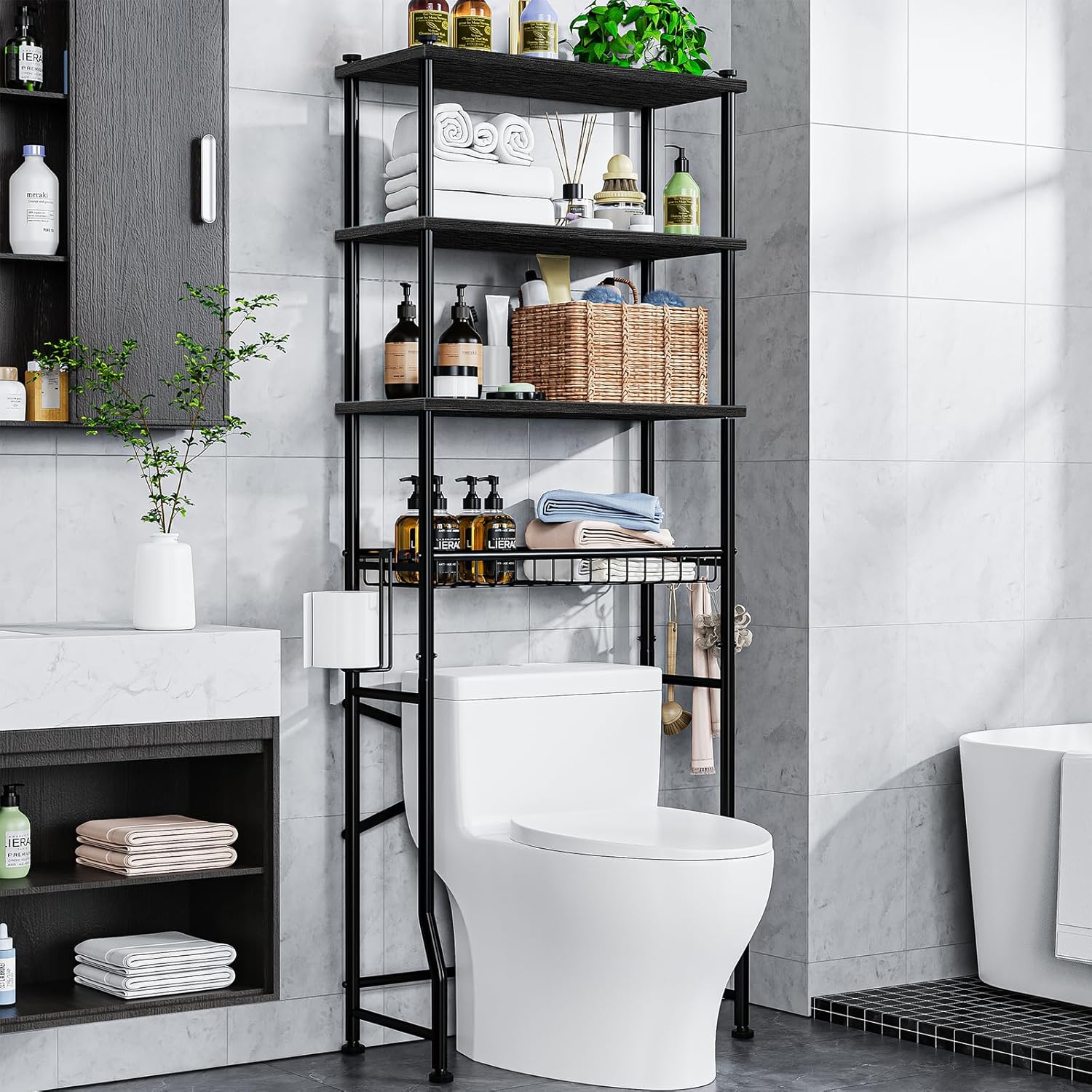 Over-The-Toilet Storage Shelf.4-Tier Bathroom Organizer Cabinet Rack And Storage Over Toilet With Shelf Waterproof Feet Pad And Basket.Multifunctional Space Saver Freestanding Bathroom Shelves（Brown）