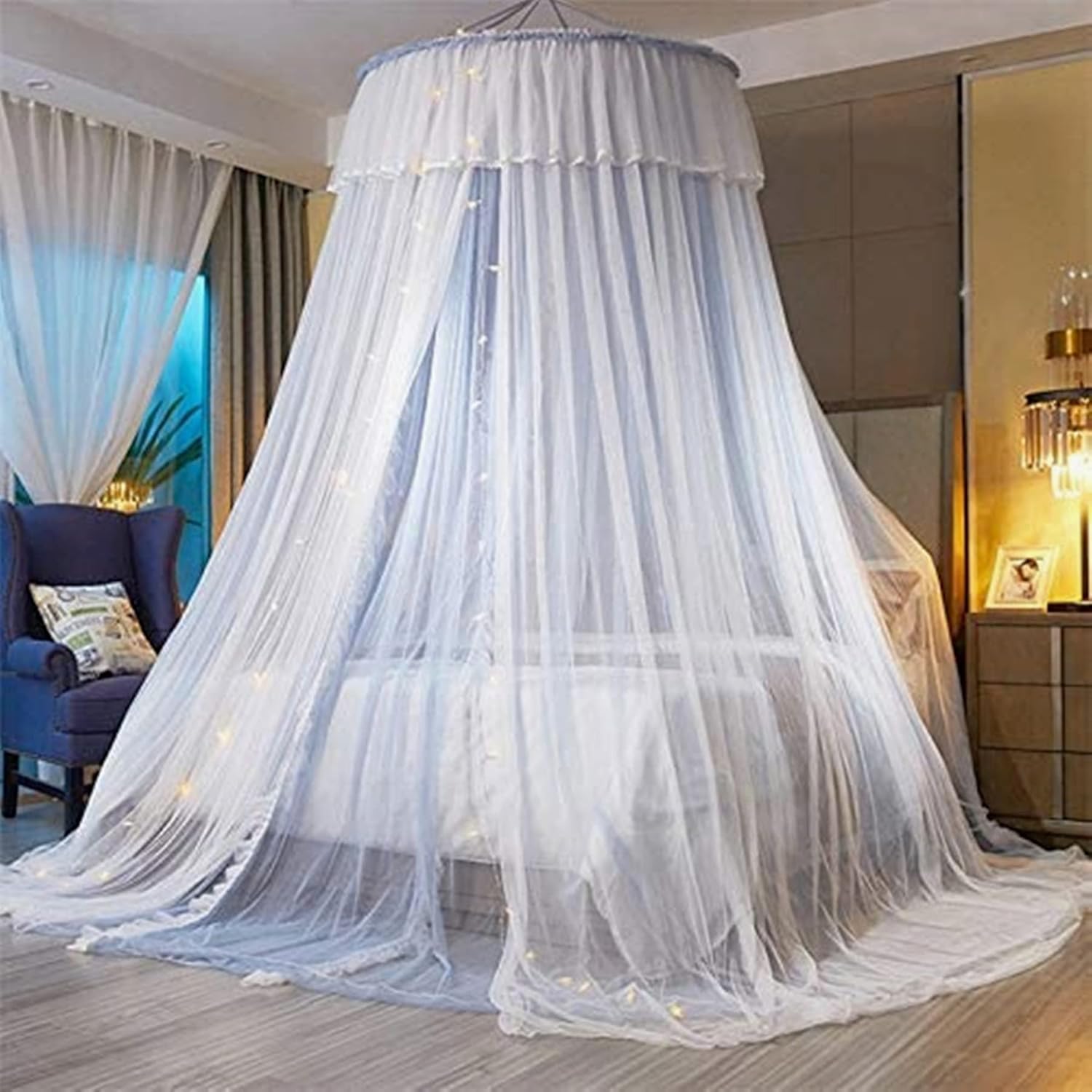 VETHIN Bed Canopy Princess for Girls.Bed Canopy Curtain Double Layer Sheer Mesh Dome Bed Curtain- Round Lace Princess Mosquito Net Tent for Twin Full Queen King Bed(Pink/White)
