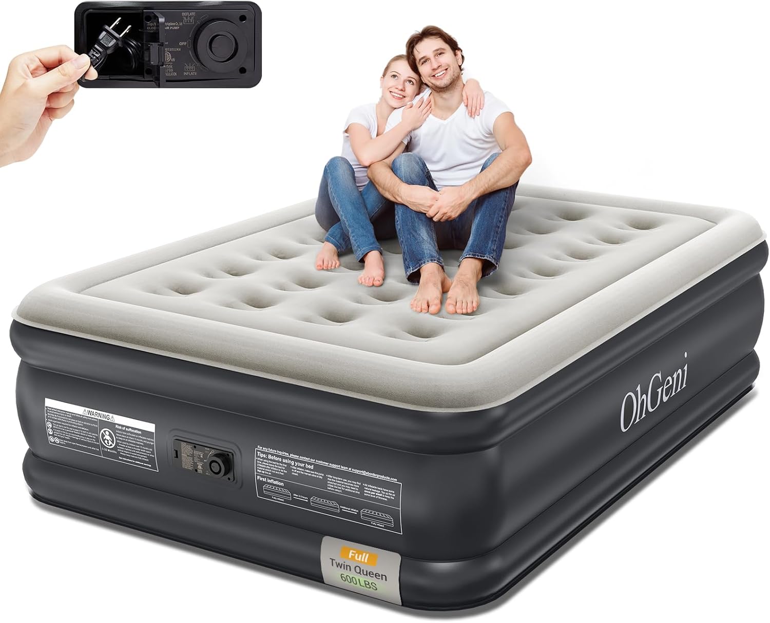 OhGeni Queen Air Mattress with Built in Pump. Inflatable Blow Up Mattress 18 Raised Comfort.Upgraded Surface Portable Mattress. Air Bed for Camping. Home and Guest. Colchone Inflable. 650 lbs Max
