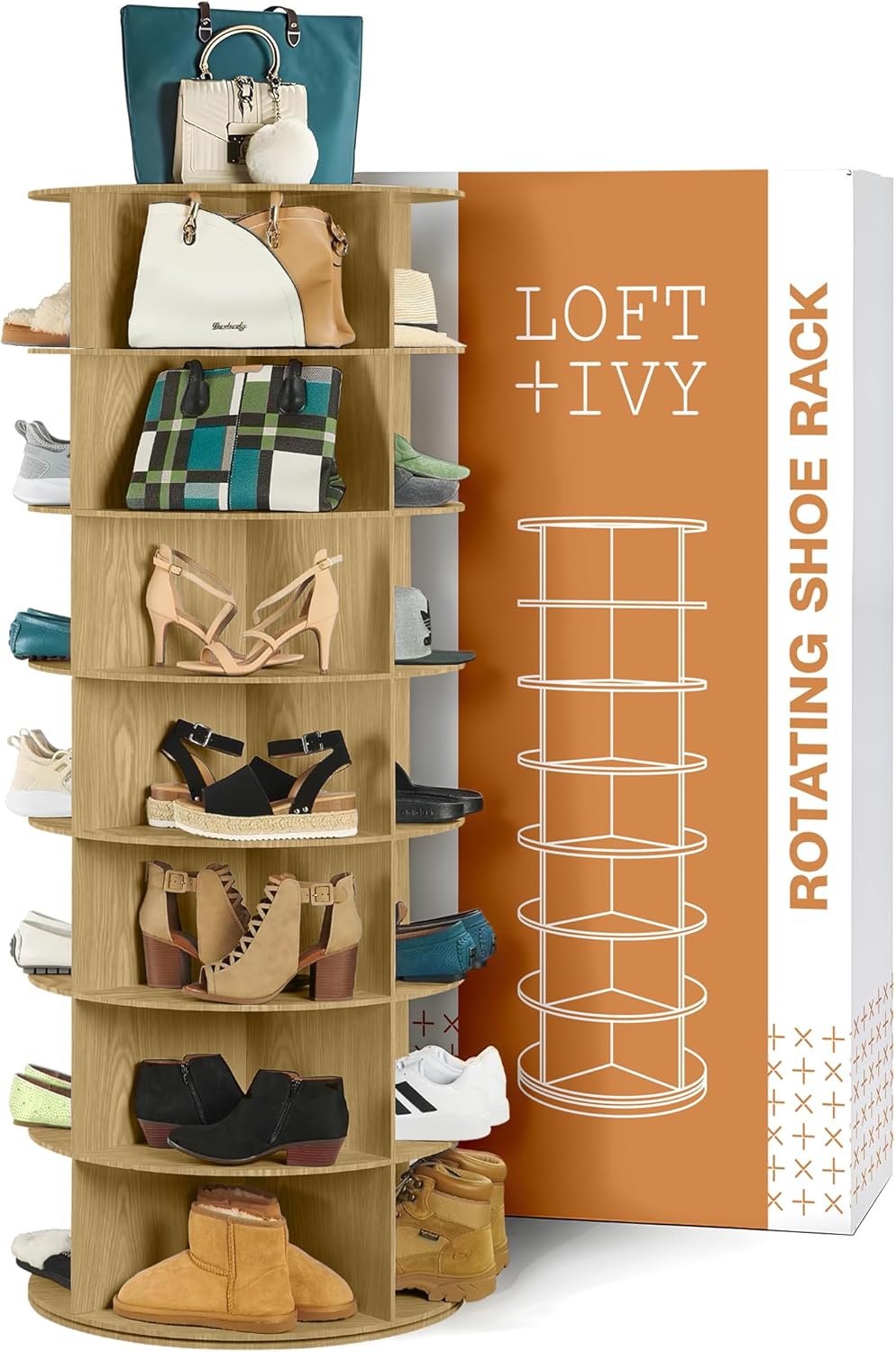 LOFT + IVY 7 Tier Rotating Shoe Rack Tower – 360° Spinning Storage Organizer. Modern Round Shoe Carousel for Closet. Entryway. Bedroom – Space Saving Rotating Lazy Susan Storage Tower