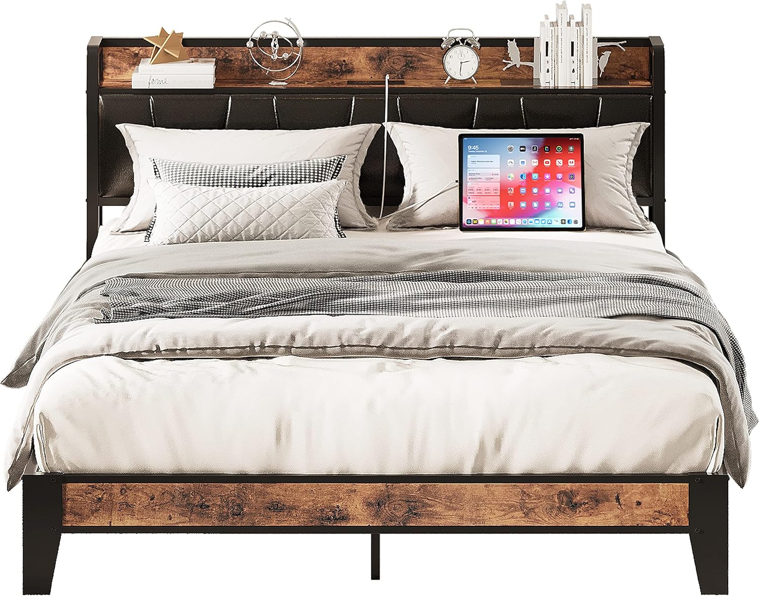 LIKIMIO King Size Bed Frame. Storage Headboard with Charging Station. Solid and Stable. Noise Free. No Box Spring Needed. Easy Assembly