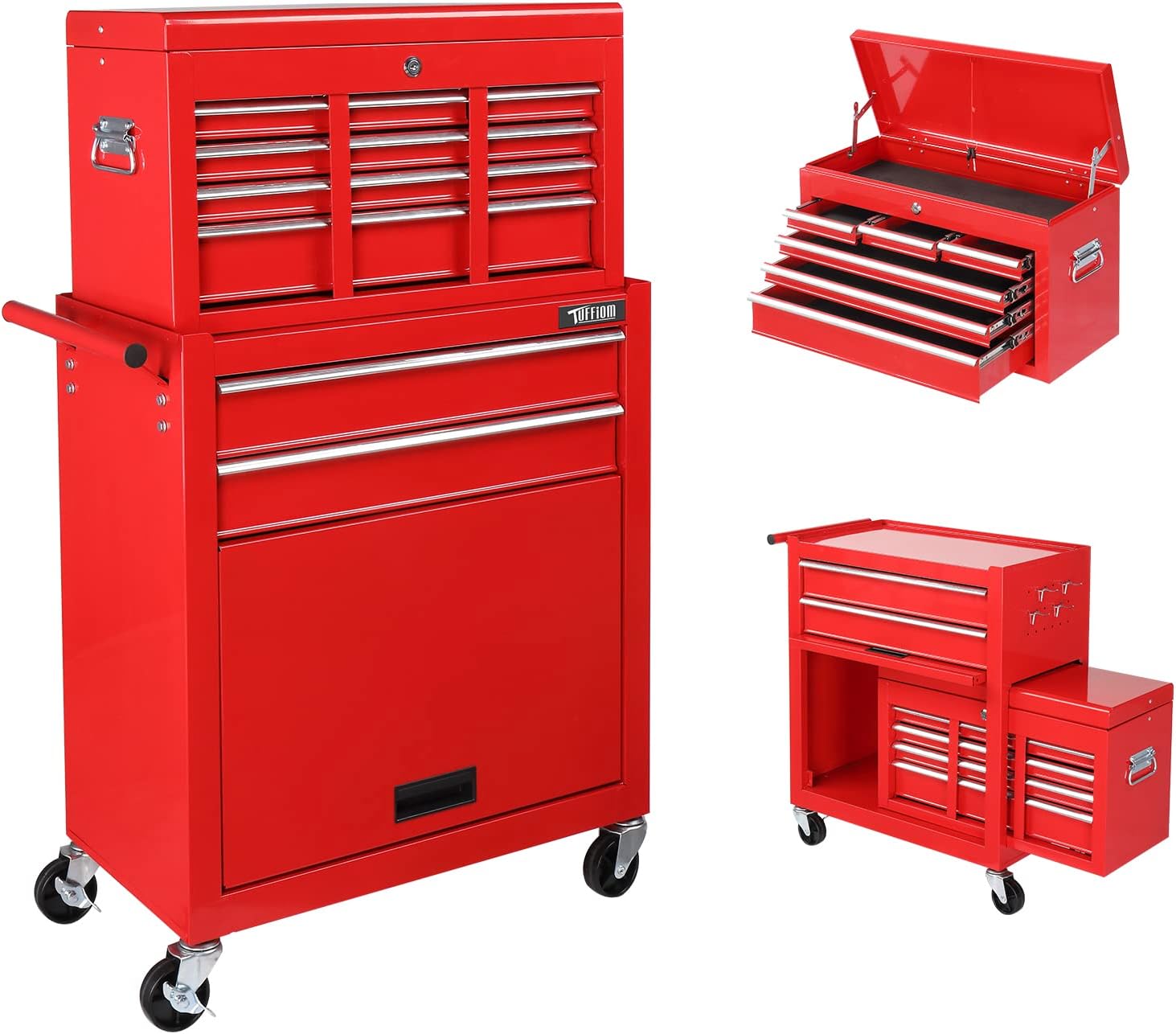 TUFFIOM 8-Drawer Rolling Tool Chest. Tool Storage Cabinet w/Lockable Wheels. Detachable Top. Drawers & Side Hooks. Mechanic Tool Organizer Box for Garage Warehouse Repair Shop