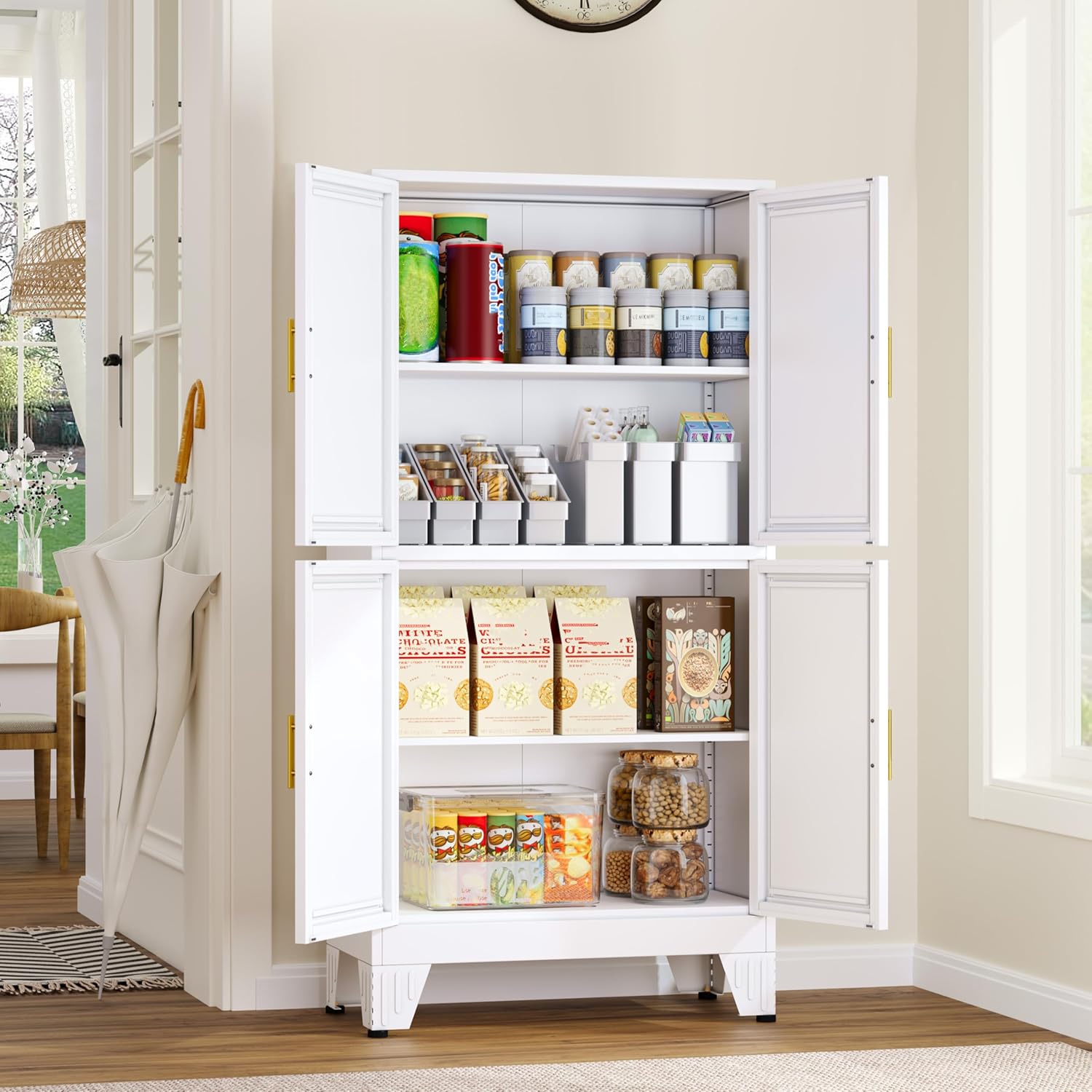 75.2" Tall Pantry Cabinet. Kitchen Pantry Storage Cabinets with 2 Door and 5 Adjustable Shelves. White Metal Pantry Storage Cabinet. Cupboard for Kitchen. Dining Room. Living Room and Bathroom