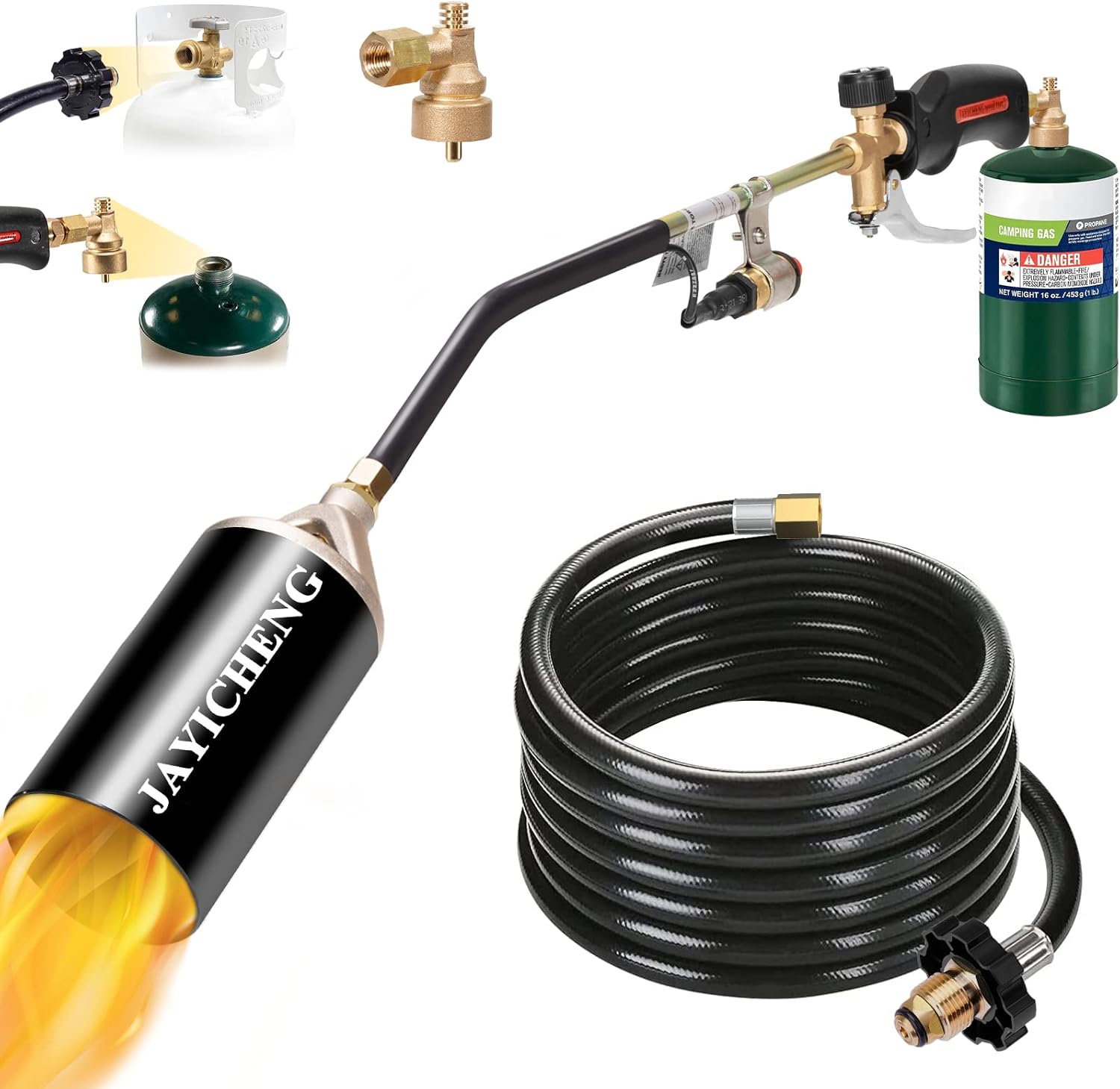 Propane Torch Weed Burner Kit.Weed Torch 2.400.000 BTU Blow Torch with 1lb Propane Cylinder Converter.10 FT Hose Heavy Duty Flamethrower with Turbo Trigger for Flame Weeding.Roofing. Melting Ice Snow