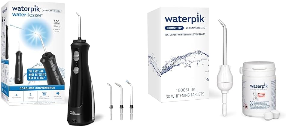 Waterpik Cordless Pearl Rechargeable Portable Water Flosser for Teeth. Gums. Braces Care and Travel with 4 Flossing Tips - ADA Accepted. WF-13 White. Packaging May Vary