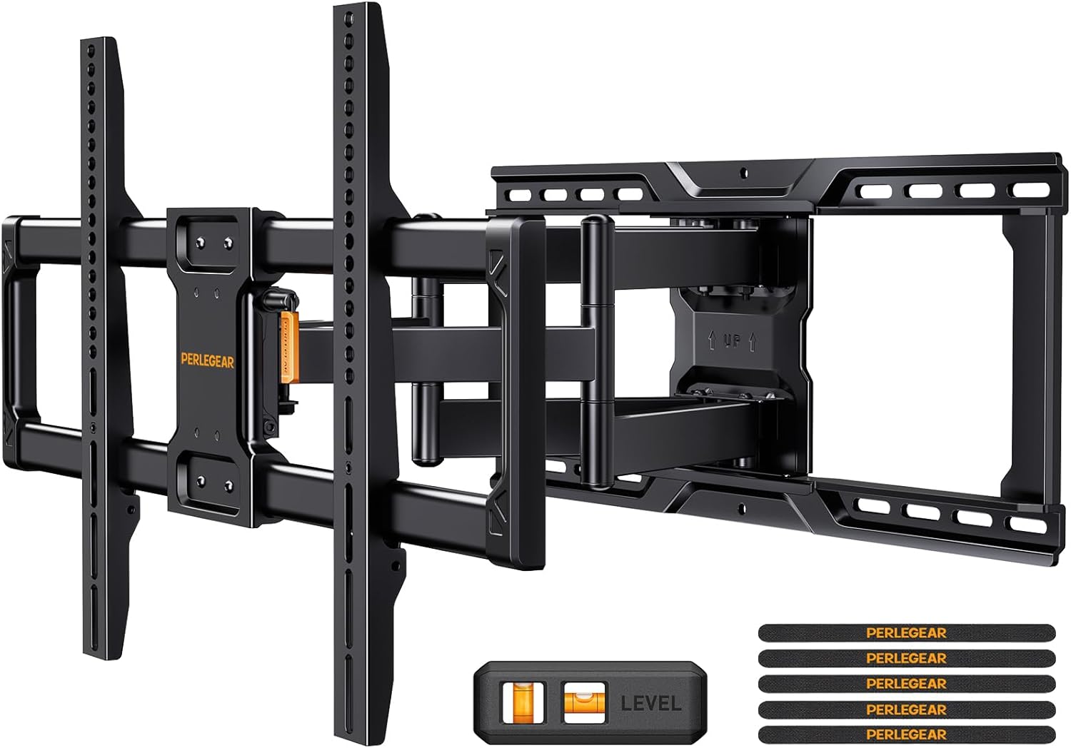 Perlegear UL-Listed Full Motion TV Wall Mount for 42–90 Inch TVs up to 150 lbs. Pre-Assembled TV Mount with Tool-Free Tilt. Swivel. Extension. Max VESA 600 x 400mm. 12″/16″/18″/24″ Wood Studs. PGLF16