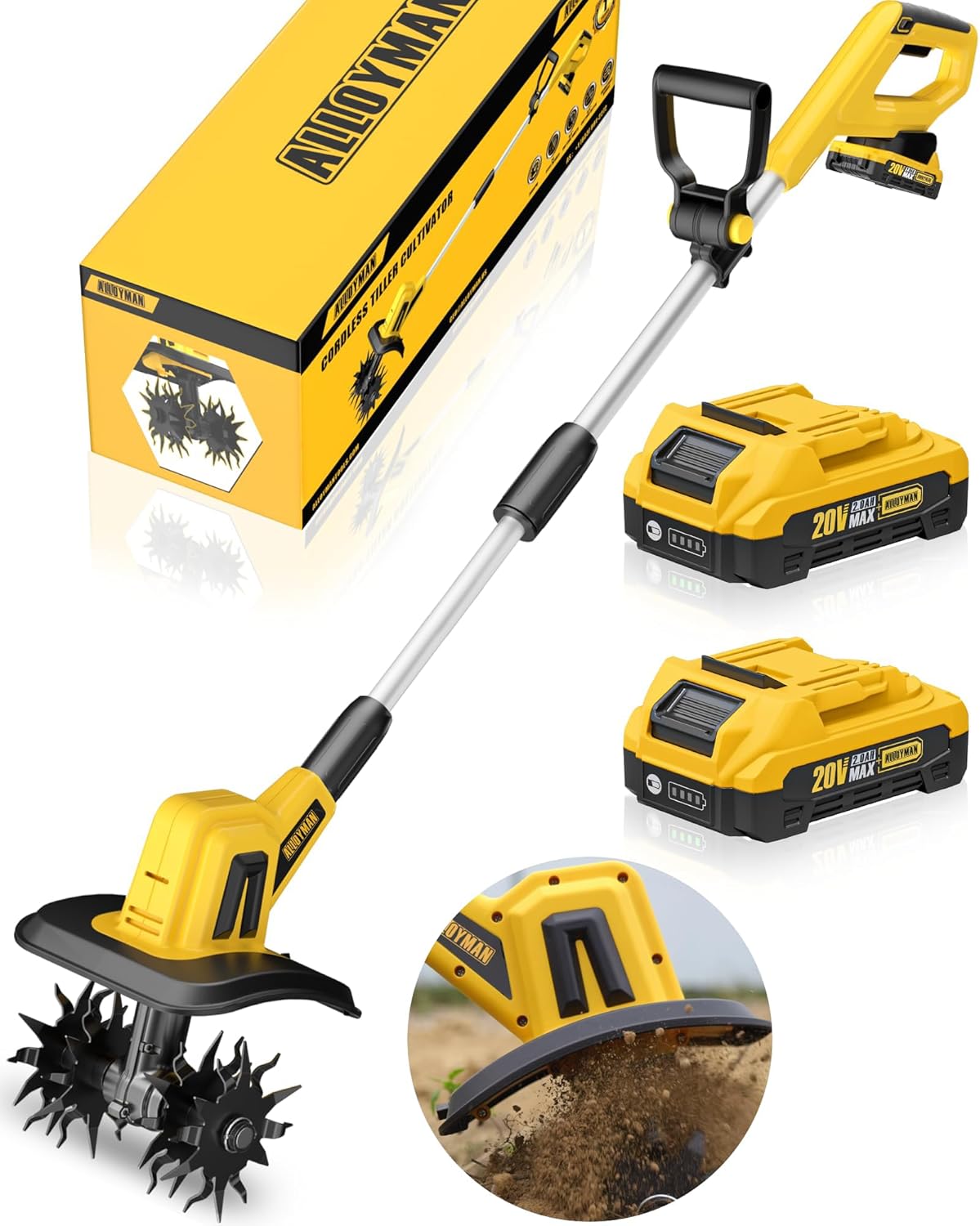 Alloyman 20V Cordless Tiller Cultivator. 360RPM Electric Garden Tiller. with 2 * 2.0Ah Batteries & Charger. 9In Tilling Width and 6.6In Depth Garden Rototiller for Lawn/Gardening/Soil Cultivation