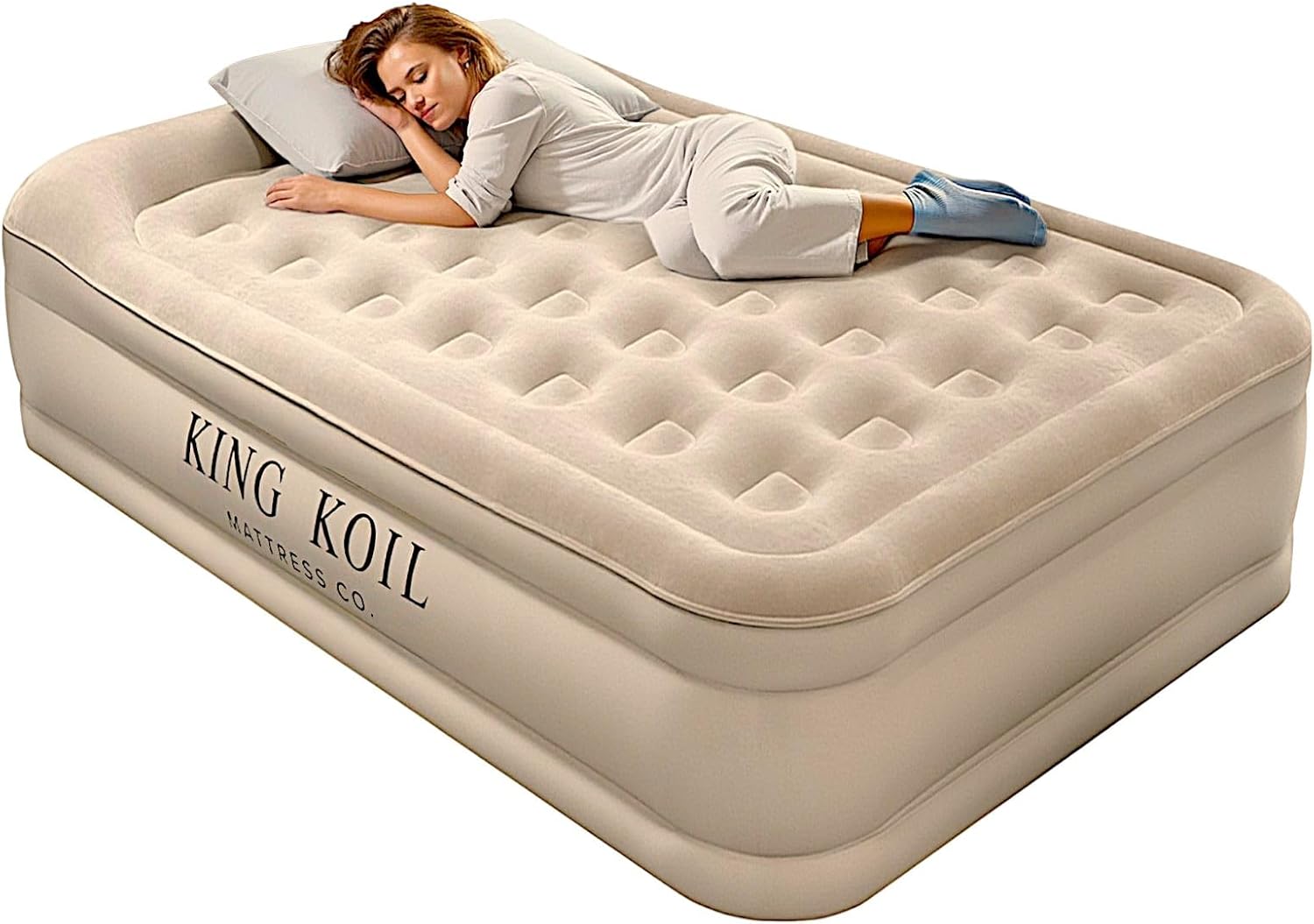 King Koil Luxury Queen Size Air Mattress with Built-in High-Speed Pump. 20" Adjustable Double High Premium Pillow Top Inflatable Airbed for Guests. Camping & Home (Manufacturer Warranty)