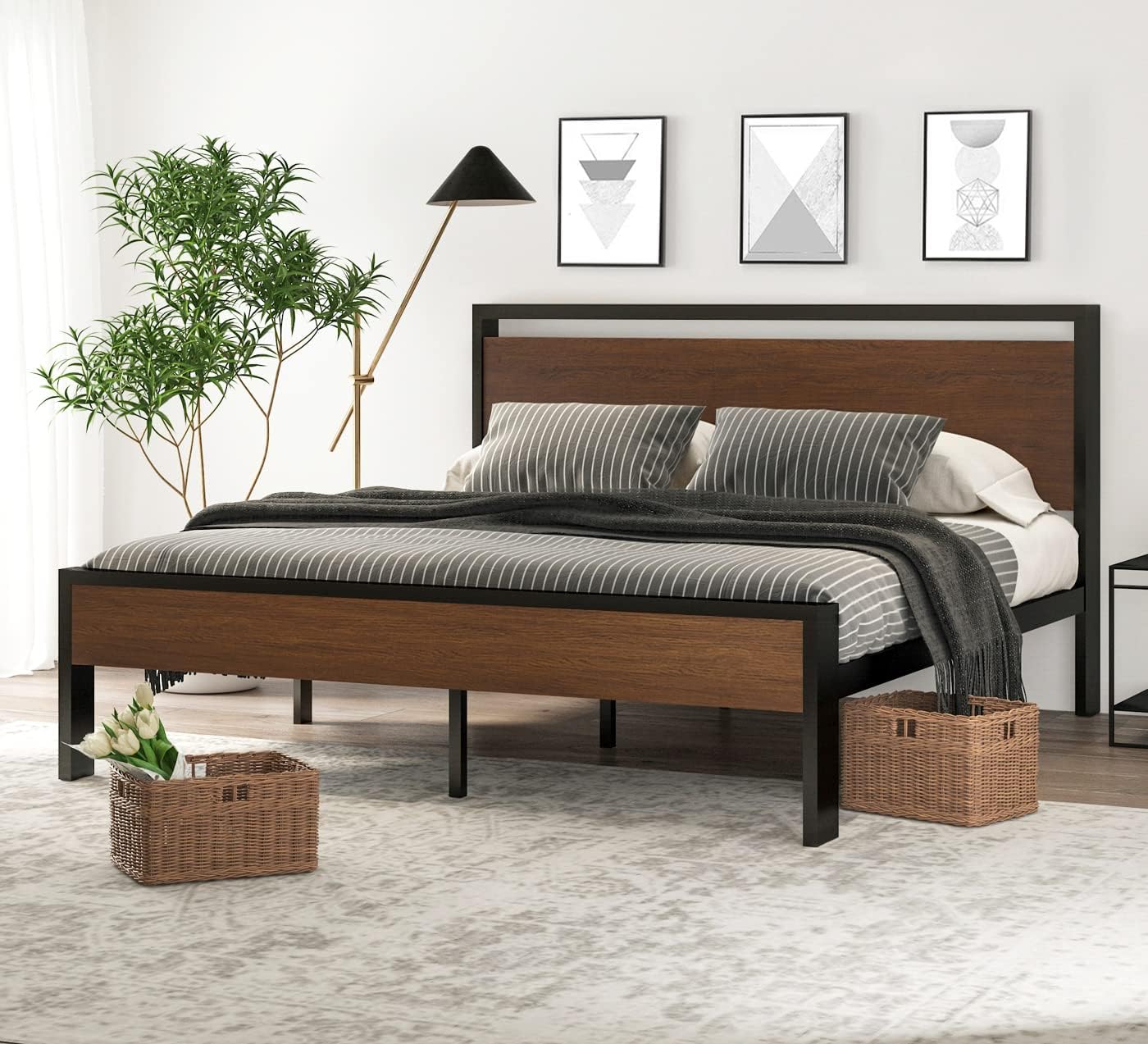 SHA CERLIN 14 Inch Full Size Metal Platform Bed Frame with Wooden Headboard and Footboard. Mattress Foundation. No Box Spring Needed. Large Under Bed Storage. Non-Slip Without Noise. Black Oak
