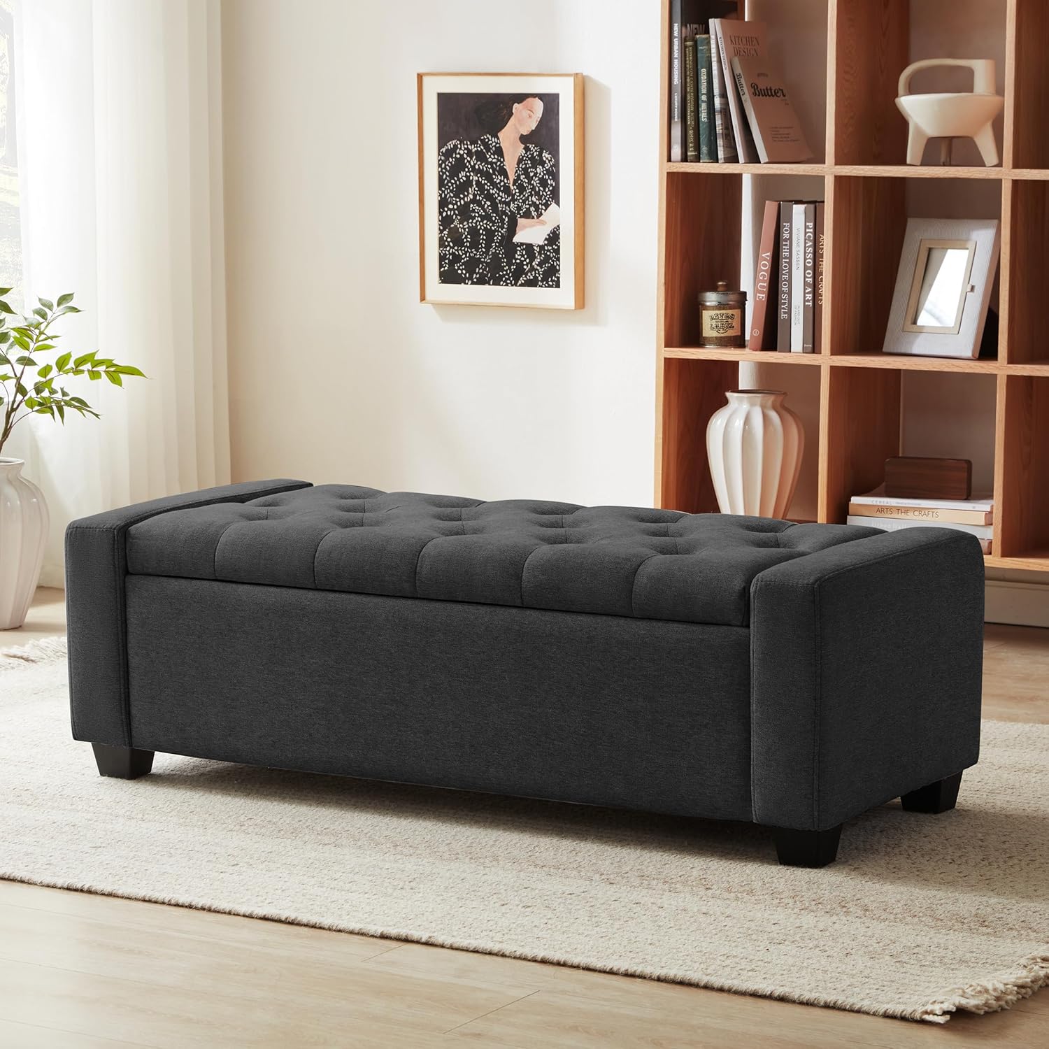 Ottoman with Storage. Storage Ottoman Bench with Safety Hinge. Upholstered Entryway Bench with Seating for Bedroom. Living Room. Holds up to 330 lb. Beige