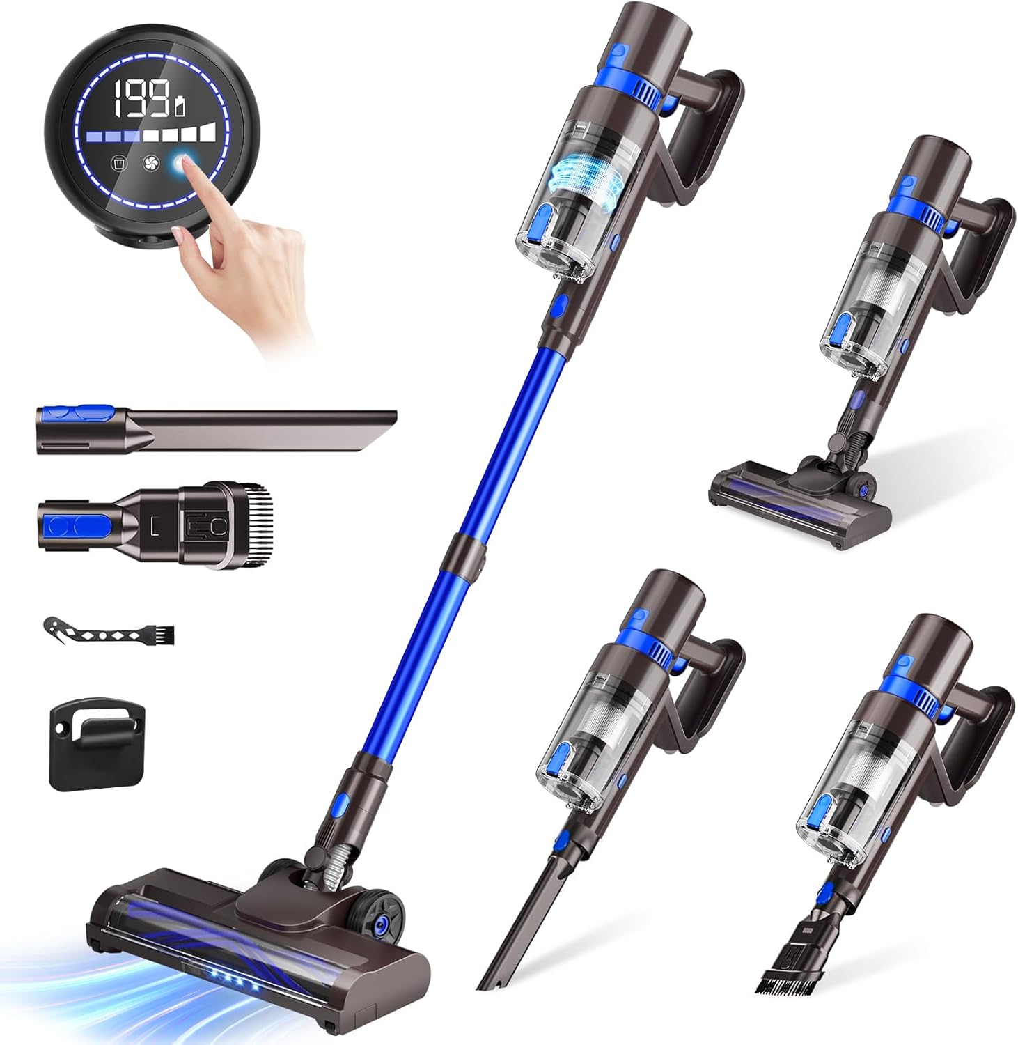 Cordless Vacuum Cleaner. 550W 45KPA 45Min Vacuum Cleaners for Home. Self-Standing Stick Vacuum with Touch Screen. 3 Power Modes. Rechargeable Battery. Handheld Vacuum for Pet Hair/Carpet/Floor