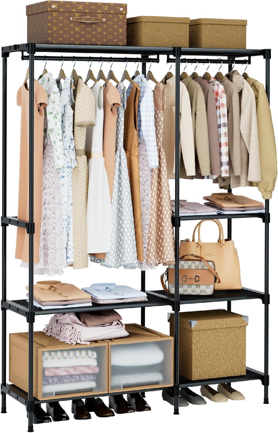 Clothes Rack. Portable Closet. 80.7 Inch Extra Large Capacity Wardrobe Closet. Clothes Storage Organizer with Shelves and 5 Hanging Rods. Easy to Assembly. Black PCT036B01