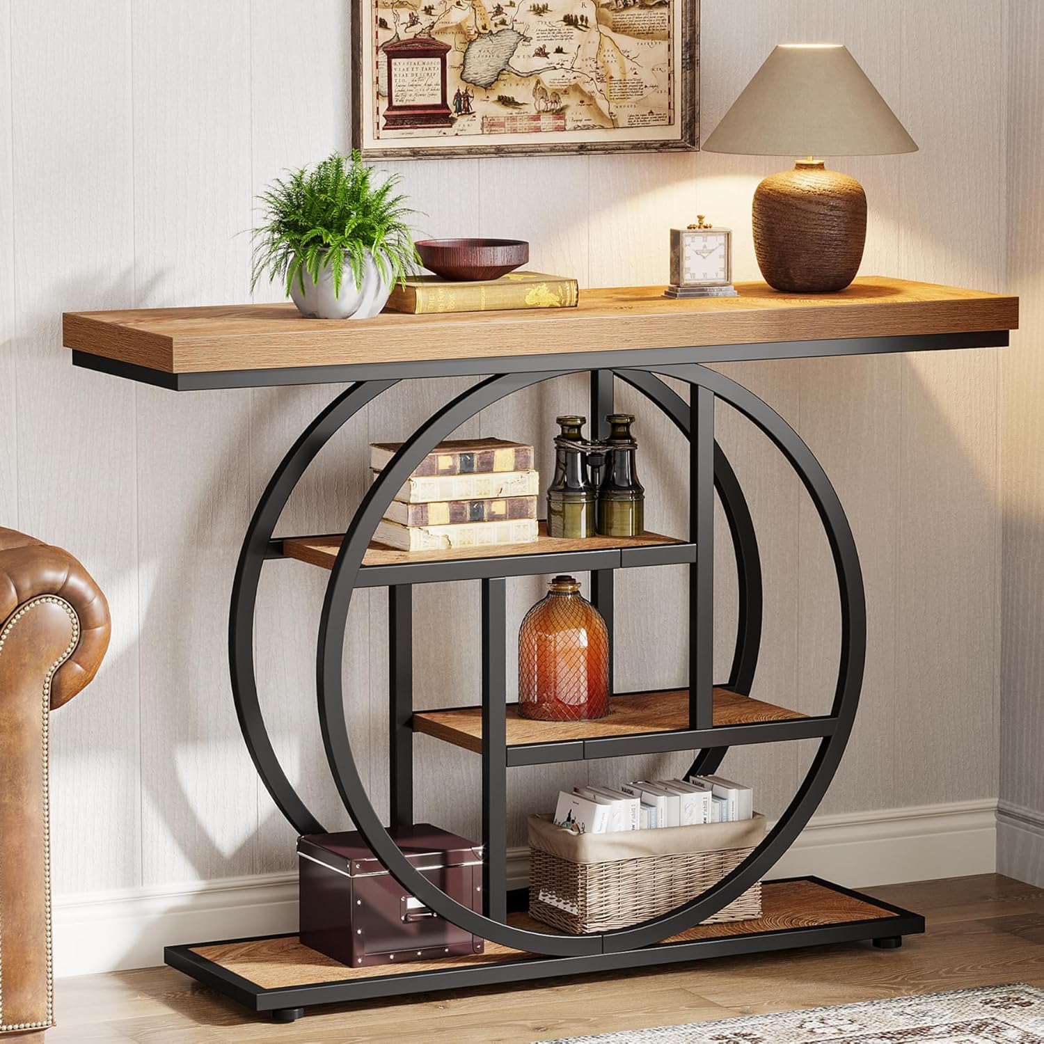 Tribesigns 41.3" Console Table. Industrial 4-Tier Sofa Table Entryway Table with Circle Base. Narrow Wood Accent Tables with Storage Shelves for Living Room. Hallway. Foyer. Rustic Brown