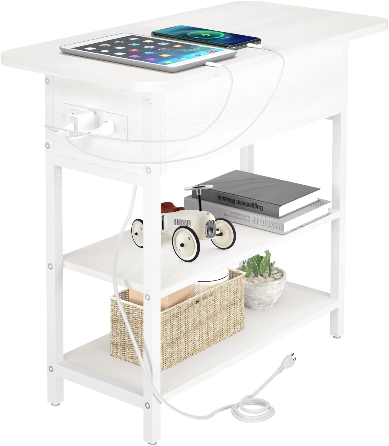 Yoobure End Table with Charging Station. Flip Top Side Table with USB Ports and Outlets. Sofa Couch Table Bedside Table for Living Room Bedroom. Narrow Nightstand with Storage Shelves for Small Space
