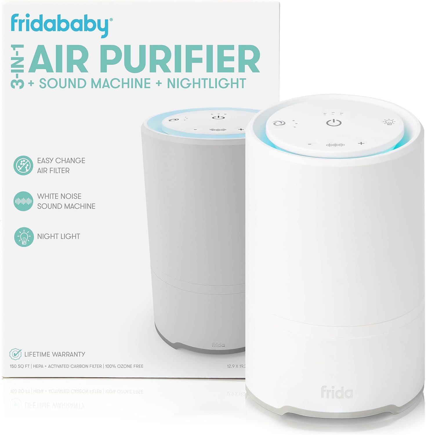 Frida Baby 3-in-1 Baby Air Purifier for Allergy Relief. Sound Machine for Sleeping + Nightlight. HEPA Filter Purifier for Bedroom with 3 Fan Speeds. Easy-Change Filter. Auto-Off Timer