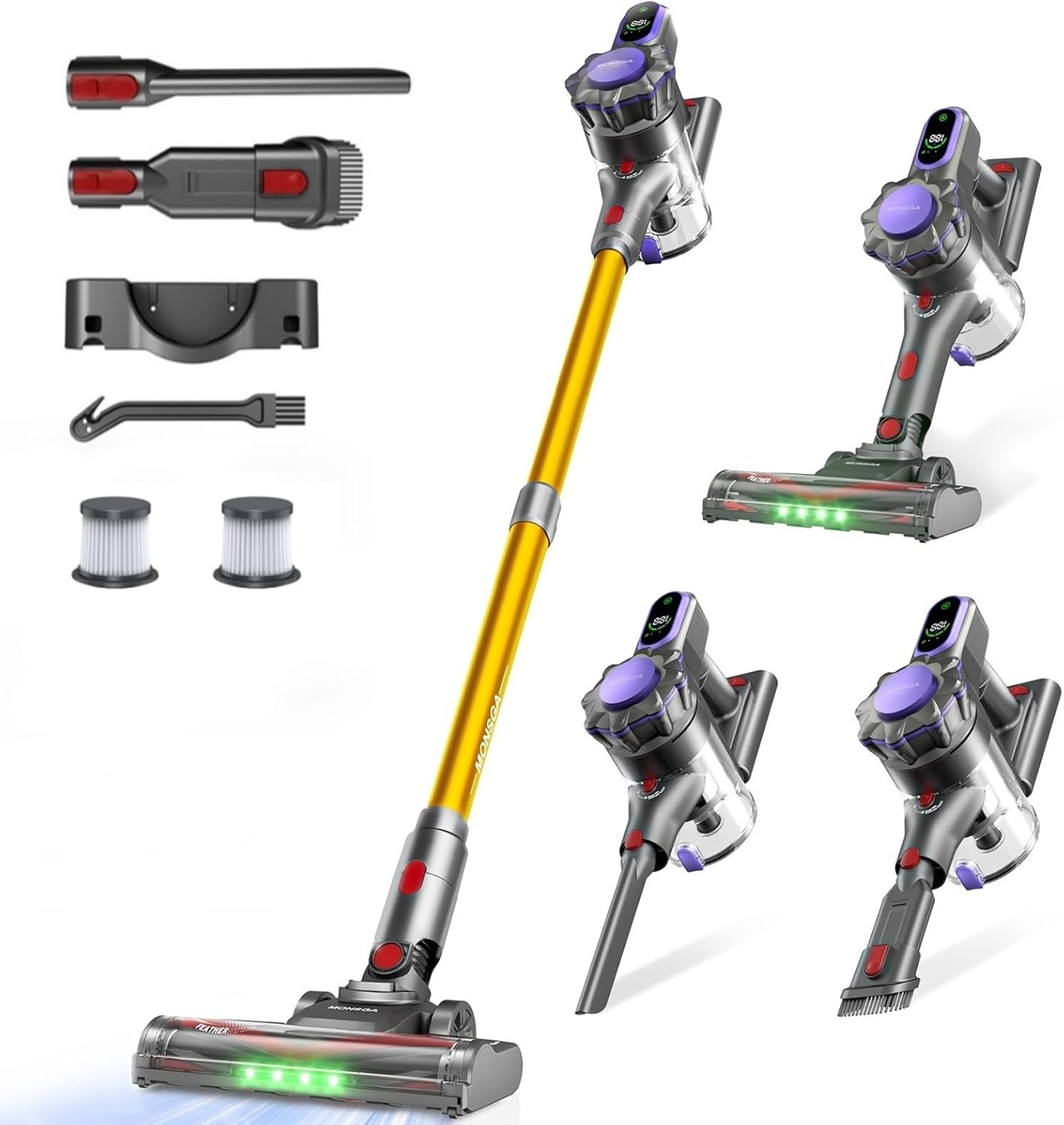MONSGA Cordless Vacuum Cleaner. 45KPa 400W Stick Vacuum for Home. 50Mins Anti-Tangled Vacuum Cleaner with Charging Dock. Light-weighted Handheld Vacuum for Pet Hair/Carpet/Floor. LED Touch Display.MV3