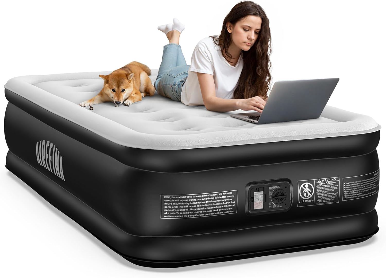 Airefina Air Mattress Queen with Built in Pump. 18 Raised Comfort Blow Up Mattress with Carrying Bag. Portable Inflatable Mattress for Guest Visit Home. Air Bed Colchones Inflables 750 Lbs Max