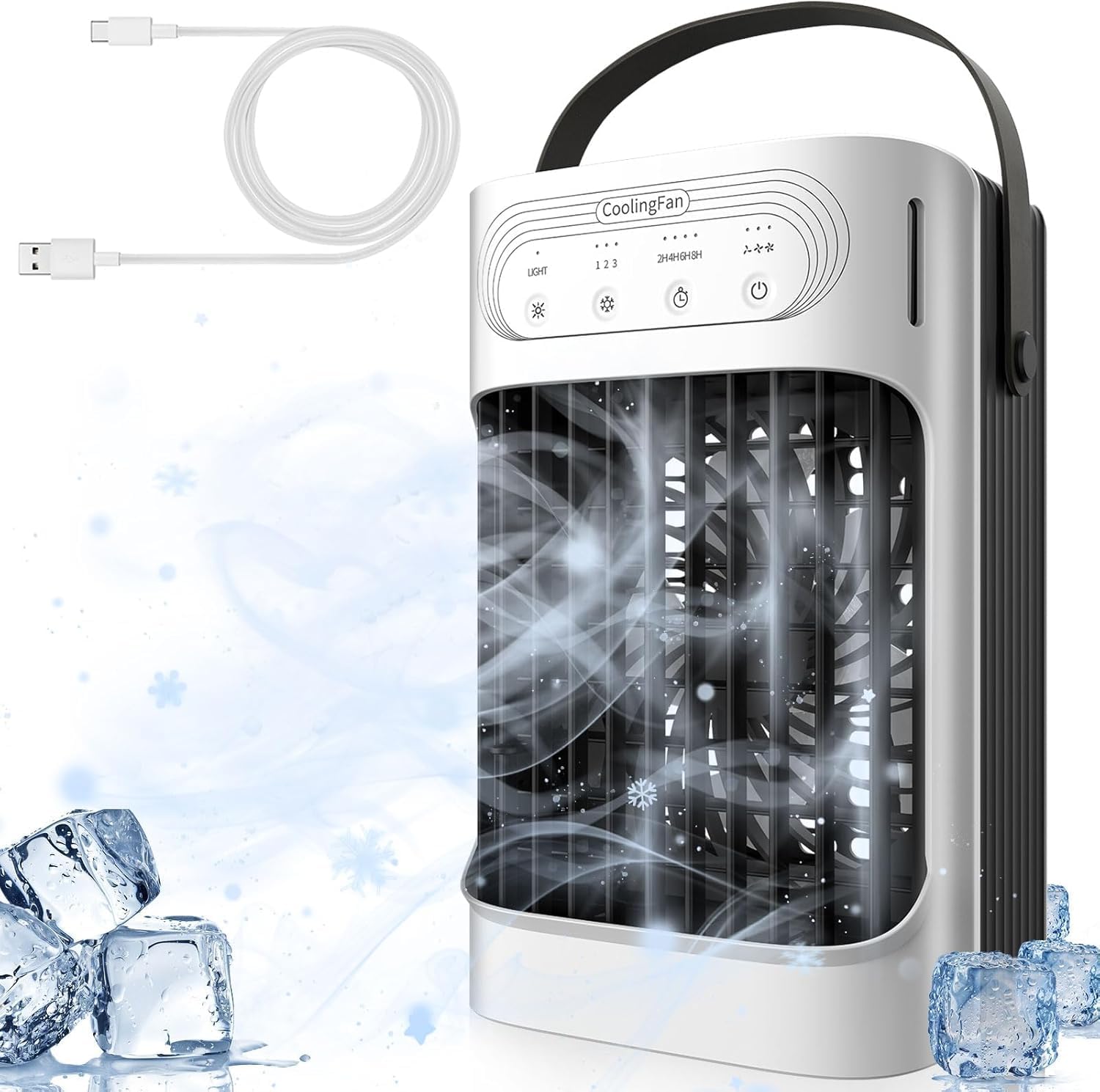 Small Portable Air Conditioners. 3 in 1 Evaporative Air Cooler with 3 Speeds. 3 Mists. 2-8H Timer. 7 Color Lights. 800ML Personal AC Unit. 120° Adjust Mini Desktop Fan for Home Bedroom Office