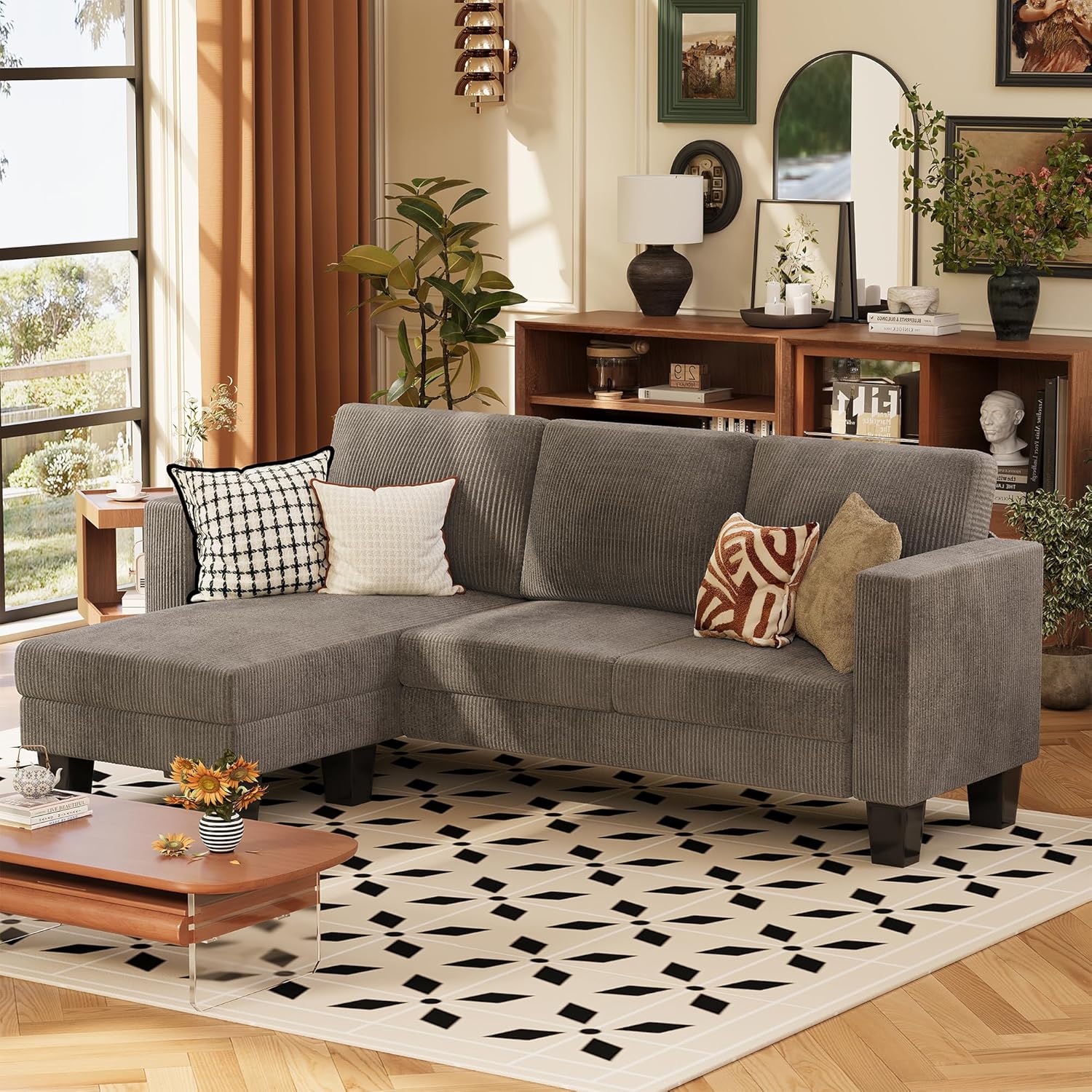 VICTONE Convertible Sectional Sofa Couch. 3 Seat L-Shaped Sofa with Linen Fabric Ottoman Small Couch for Small Apartments. Living Room and Office (Linen Fabric. Dark Gray)