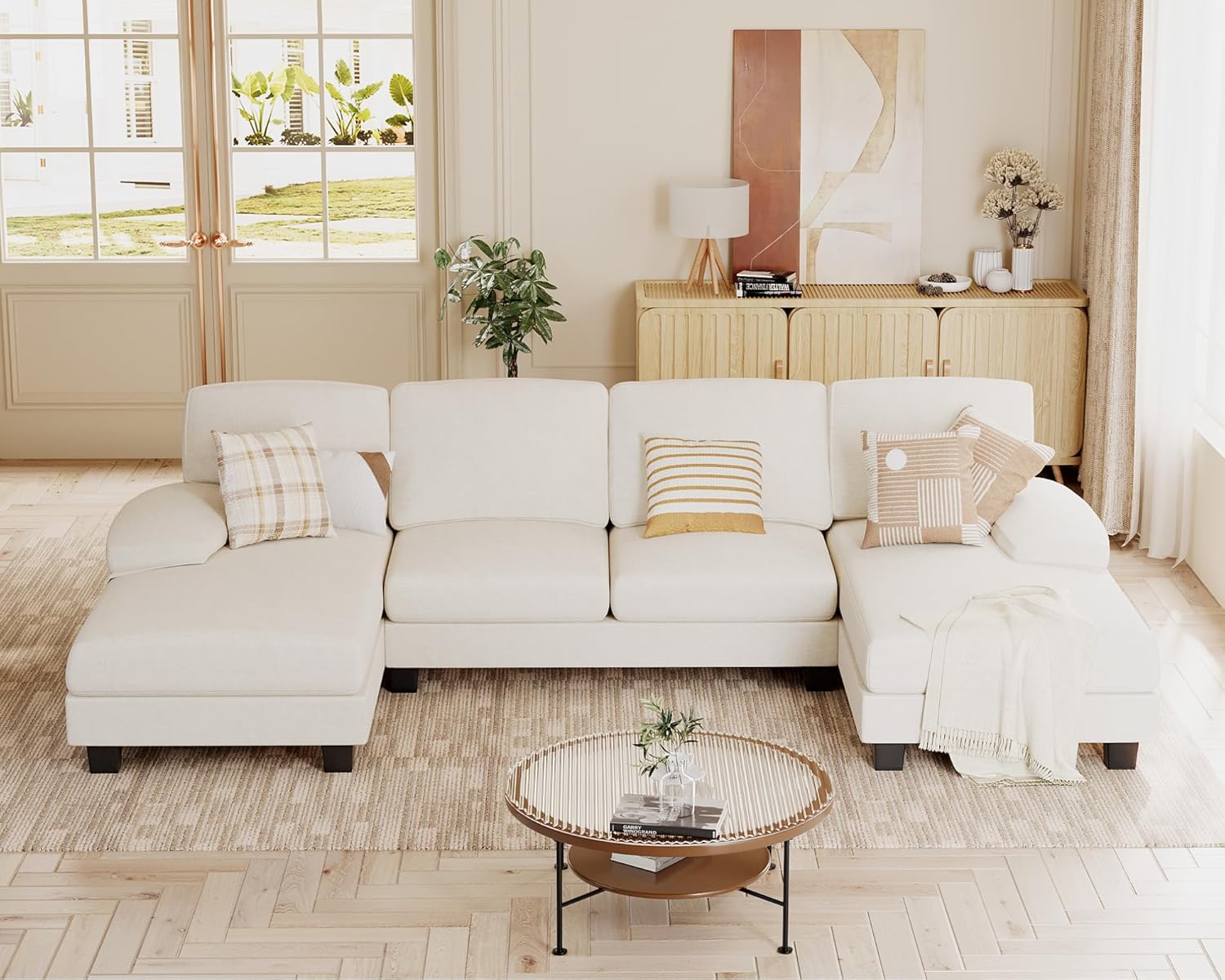 JUMMICO Sectional Couches for Living Room. U Shaped Couch with Chenille Fabric. 4 Seat Modern Sofa with Removable Pillows for Apartment and Small Space (Fabric. Grey)