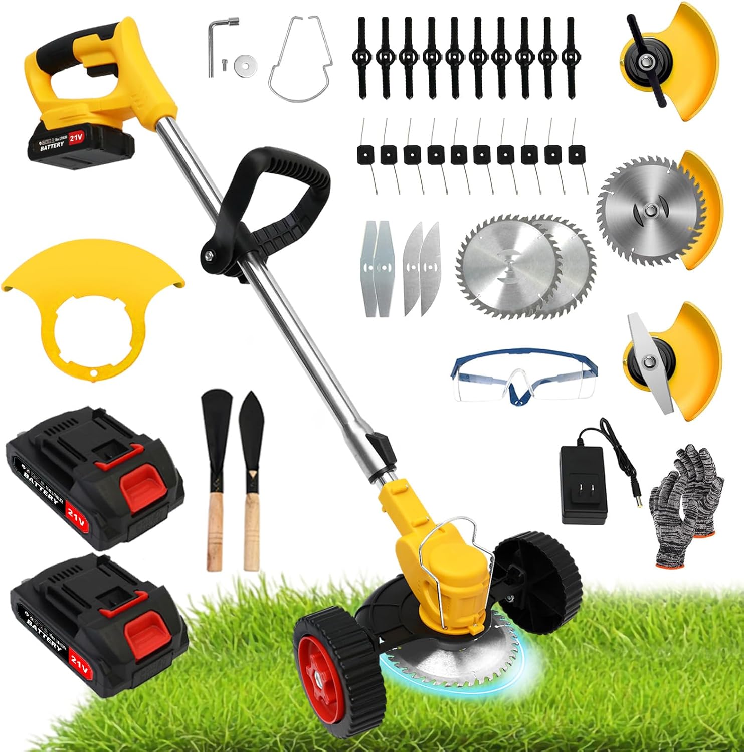 24V Electric Weed Wacker Grass Trimmer with 2pcs Batteries & Fast Charger. 3 in 1 Stringless Lightweight Brush Cutter/Edger/Mower with 3 Types Blade & Wheels for Garden and Yard Lawn