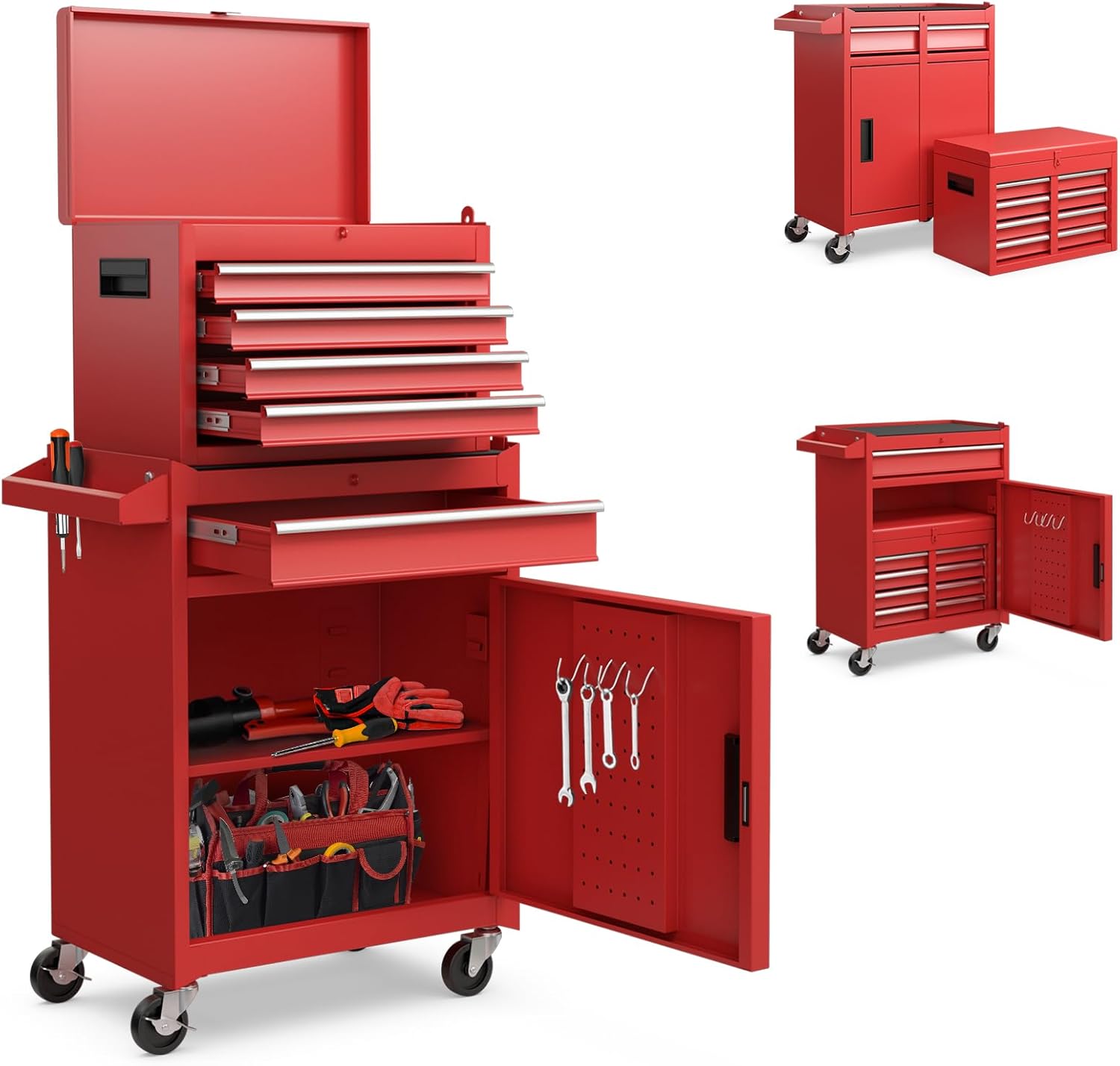 Goplus Rolling Tool Chest. 5-Drawer Tool Box Organizer w/Lockable Wheels & Sliding Drawers & Detachable Top & Adjustable Shelf. Tool Storage Cabinet for Garage Workshop (Red+Black)