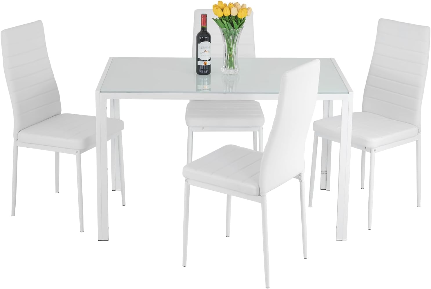 FDW | 5-Piece Dining Table Set | Glass Kitchen Table with 4 Upholstered Chairs | Space-Saving Design | Faux Leather Cushions | Modern Rectangular Table | Black | for Dining Room. Small Spaces