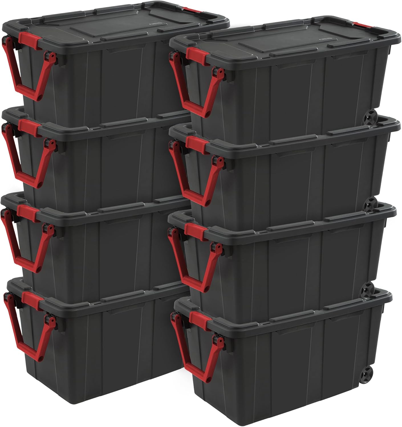 Sterilite 4-Pack Industrial Tote. Heavy-Duty Storage Bins w/Lids and Wheels. 40 Gallon - Stackable Organizing Containers for Home. Garage. Office. and Basement