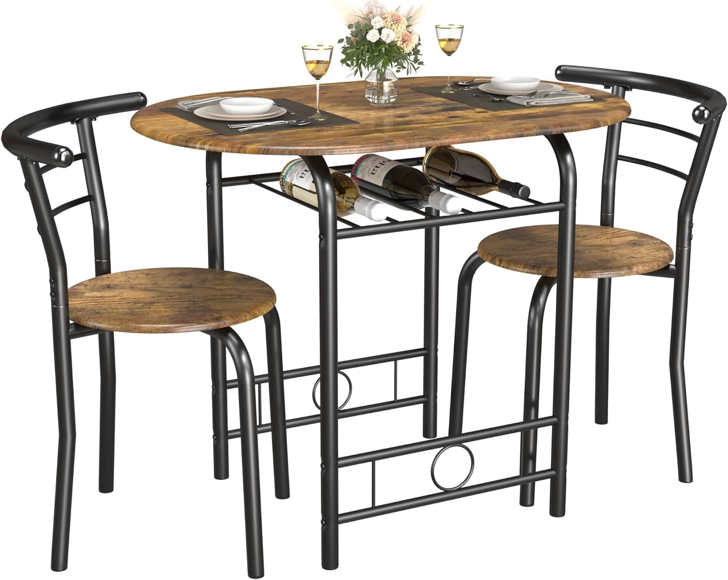 JUMMICO 3-Piece Wooden Round Table & Chair Set. Space Saving Kitchen Breakfast Nook Wood Grain Tabletop with Metal Frame and Built-in Wine Rack for Kitchen. Dining Room (Walnut/Black)