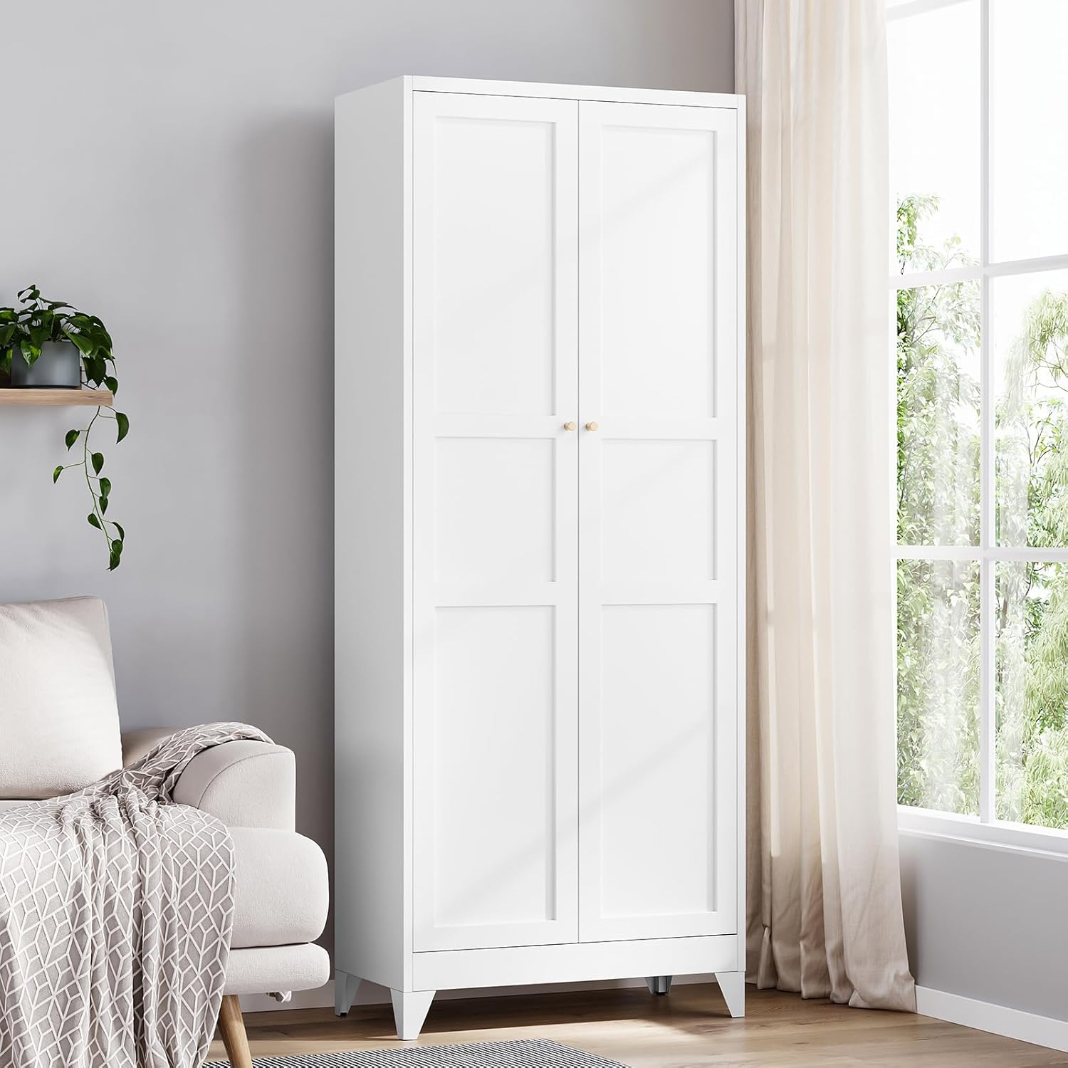 Yizosh Metal Storage Cabinet with 2 Doors and 4 Adjustable Shelves - 61" White Kitchen Pantry Storage 5-Tier Tall Steel Cabinets Locker for Kitchen. Living Room. Dining Room