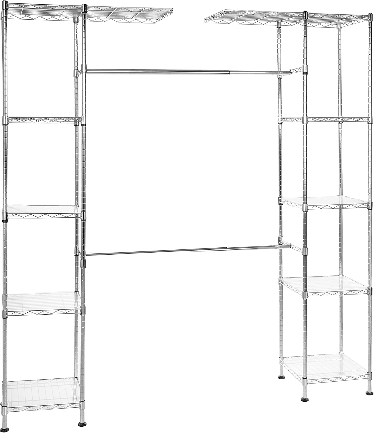 Amazon Basics Expandable Adjustable Metal Hanging Storage Organizer Rack Wardrobe with Shelves. 57-80 x 14 x 72 inches (LxWxH). Chrome
