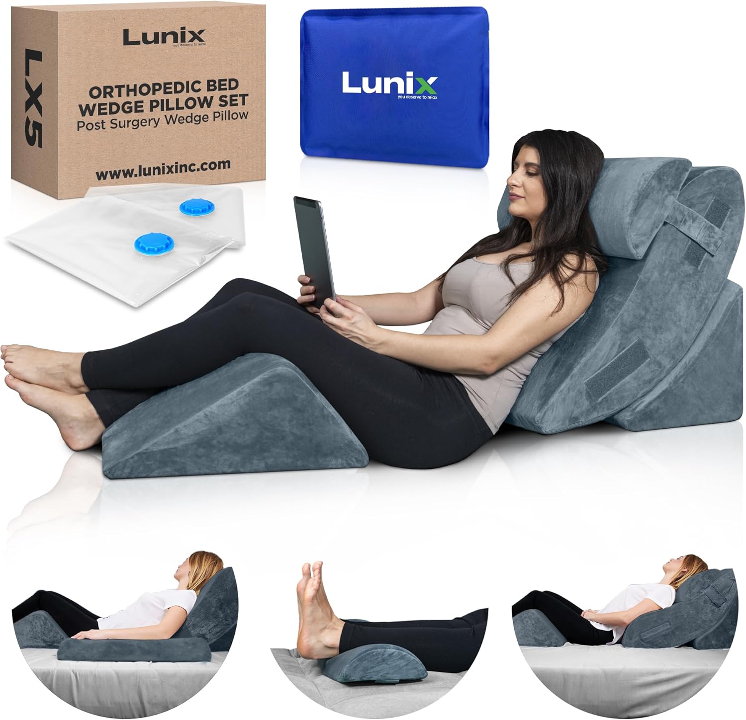 Lunix 4pcs Orthopedic Bed Wedge Pillow Set. Post Surgery Memory Foam for Back. Knee. Leg Pain Relief. Sitting Pillow for Sleeping. Acid Reflux. GERD. with Hot Cold Pack. FSA HSA Eligible. 100% Navy