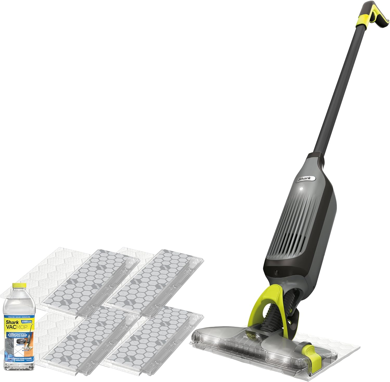 Shark VACMOP Pro Cordless Hard Floor Cleaner. Vacuum and Spray Mop. Powerful Suction. Lightweight. LED Headlights. Includes 4 Disposable Pads. 12oz Multi-surface Cleaning Solution. Gray. VM252