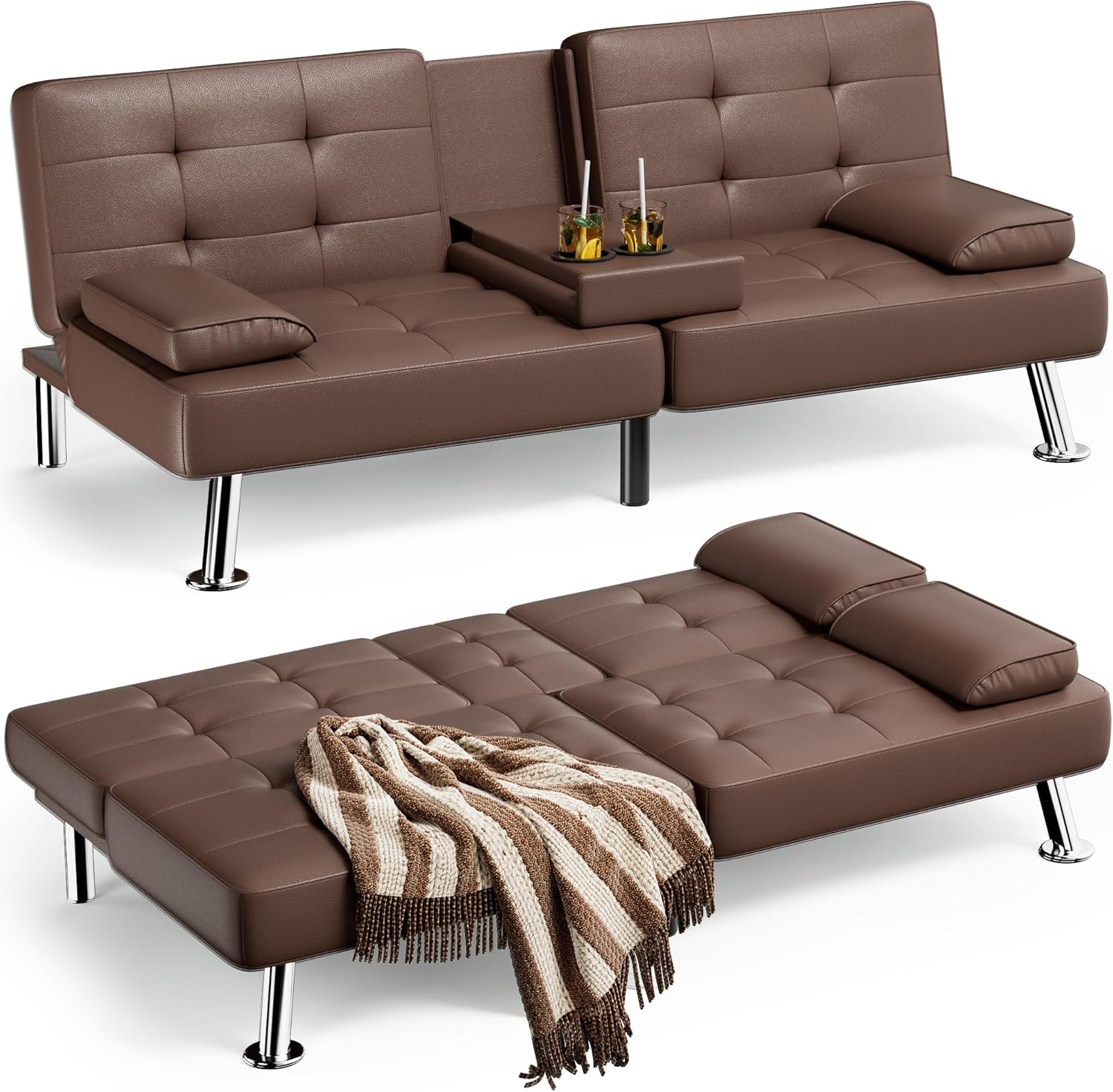 Homall Futon Sofa Bed. Leather Futon Couch with Removable Armrests. Adjustable Recliner Sleeper Sofa Bed with Dual Cup Holders for Living Room. Apartment. Office (Black)