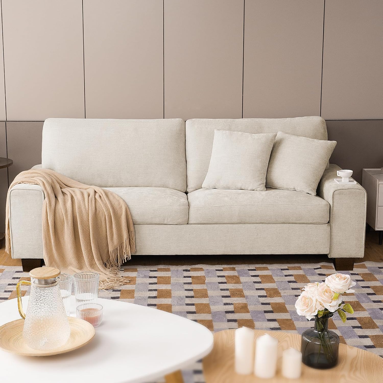DOPEDIO Modern Loveseat Sofa for Living Room.Chenille Recliner. Removable Cover. Spring Cushions. Solid Wood Frame. Easy Assembly for Small Spaces (71.25inch .Beige)