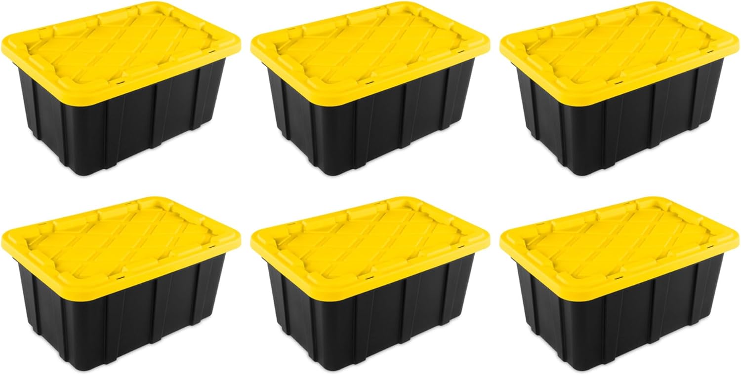 Sterilite 27 Gal Industrial Tote. Stackable Storage Bin with Snap-Fit Lid for Garage. Basement & Attic Storage. Black Base and Yellow Lily Lid. 6-Pack