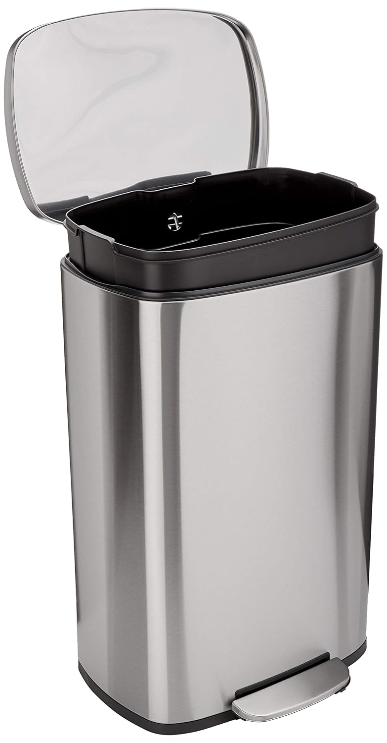 Amazon Basics Smudge Resistant Rectangular Trash Can With Soft-Close Foot Pedal. Brushed Stainless Steel. 50 Liter/13.2 Gallon. Satin Nickel Finish. 16.7"L x 14.7"W x 25.9"H