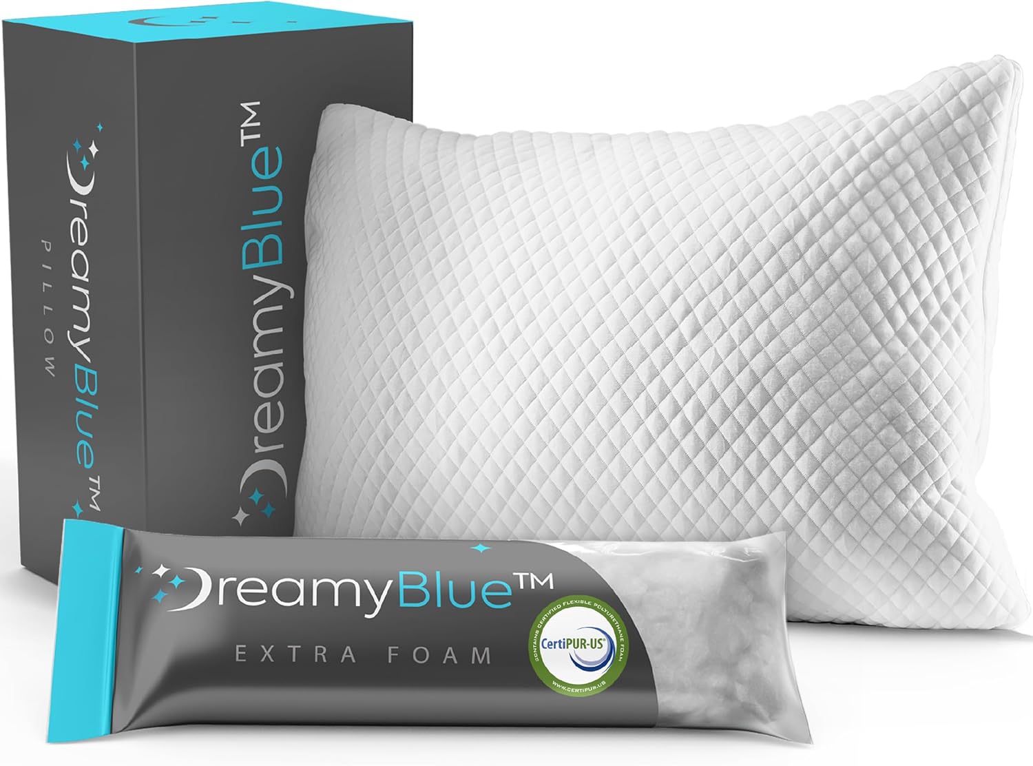 DreamyBlue Signature Pillow w/Adjustable Loft • Shredded Memory Foam Fill • Neutral Alignment for Side. Back. and Stomach Sleepers • Washable Bamboo Rayon Cover • CertiPUR-US Certified Foam (Queen)