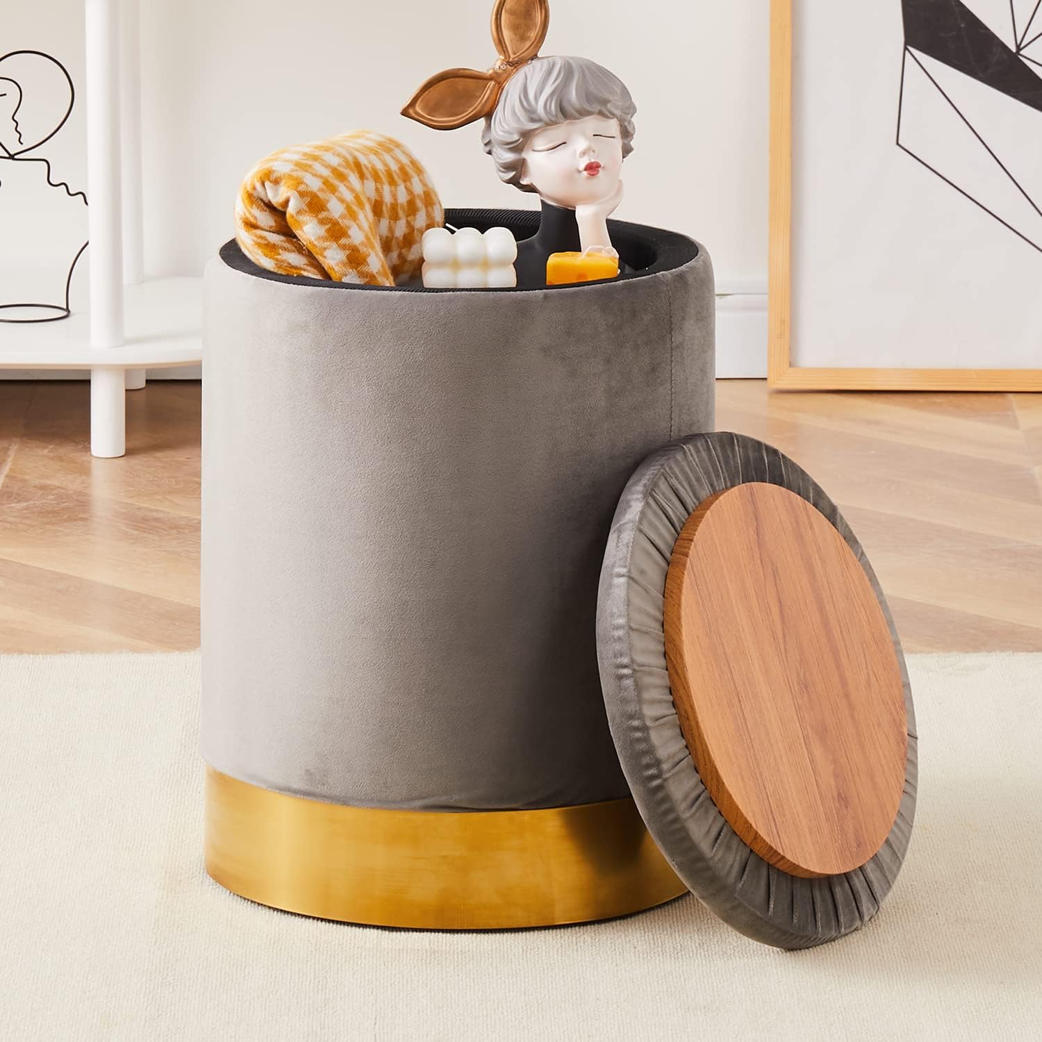 Mxfurhawa Velvet Storage Ottoman Multipurpose Footrest Stool with Metal Base Modern Round Vanity Stool Chair Ottoman Foot Stools Support 300 lbs Padded Seat for Living Room (Cream (Velvet))