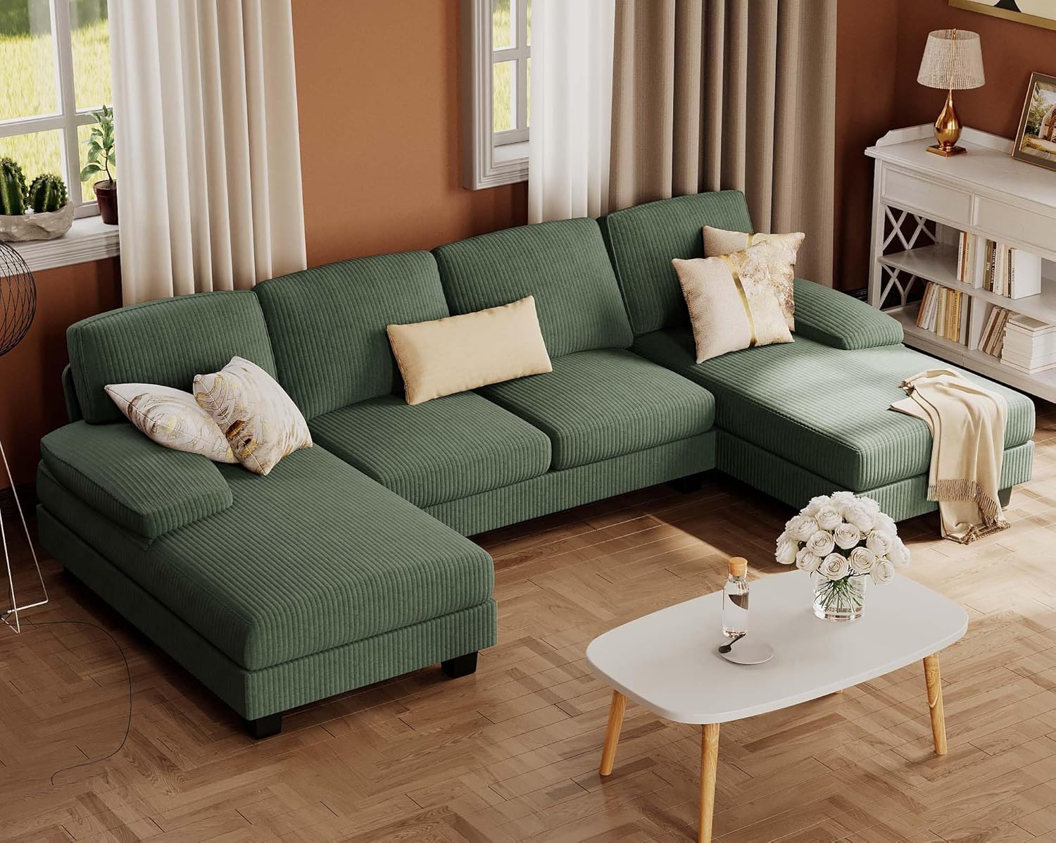 Furmax Sectional Couches for Living Room. U-Shaped Sofa Couch with Linen Fabric. 4 Seat Sofa Set with Double Chaise for Apartment (Fabric. Grey)