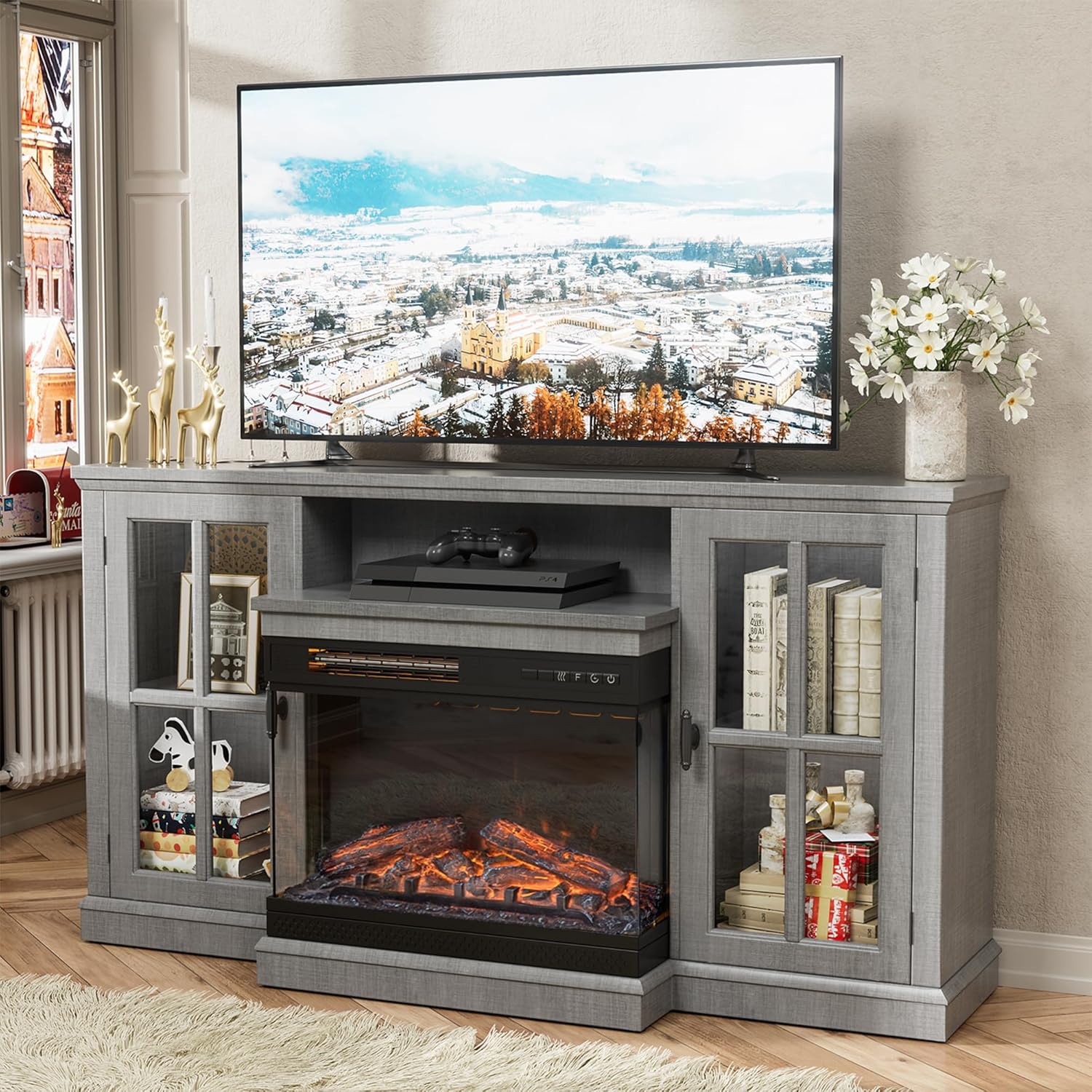 JUMMICO TV Stand for 65 Inch TV. Entertainment Center with Storage Cabinets and Sliding Barn Doors. Mid Century Modern Media TV Console Table for Living Room Bedroom (Bright White)