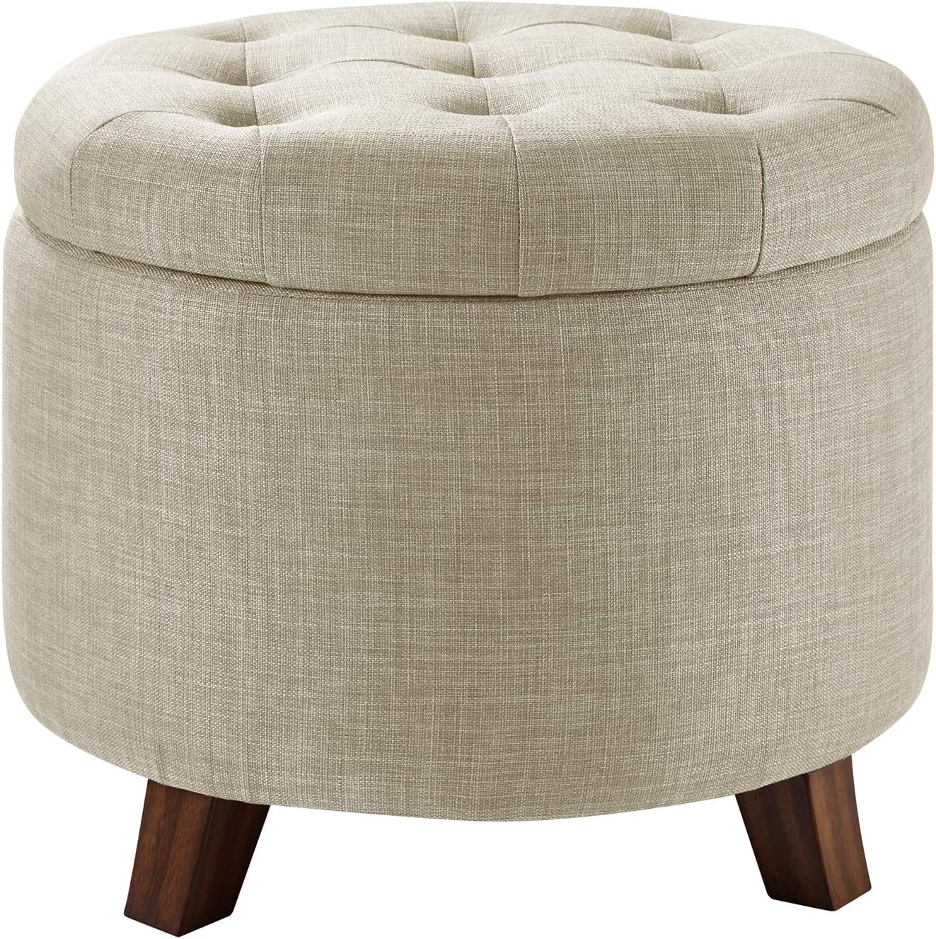 Amazon Basics Round Linen Ottoman with Storage. Tufted Upholstered Footstool for Living Room and Bedroom. 20" x 17". Linen Burlap Beige