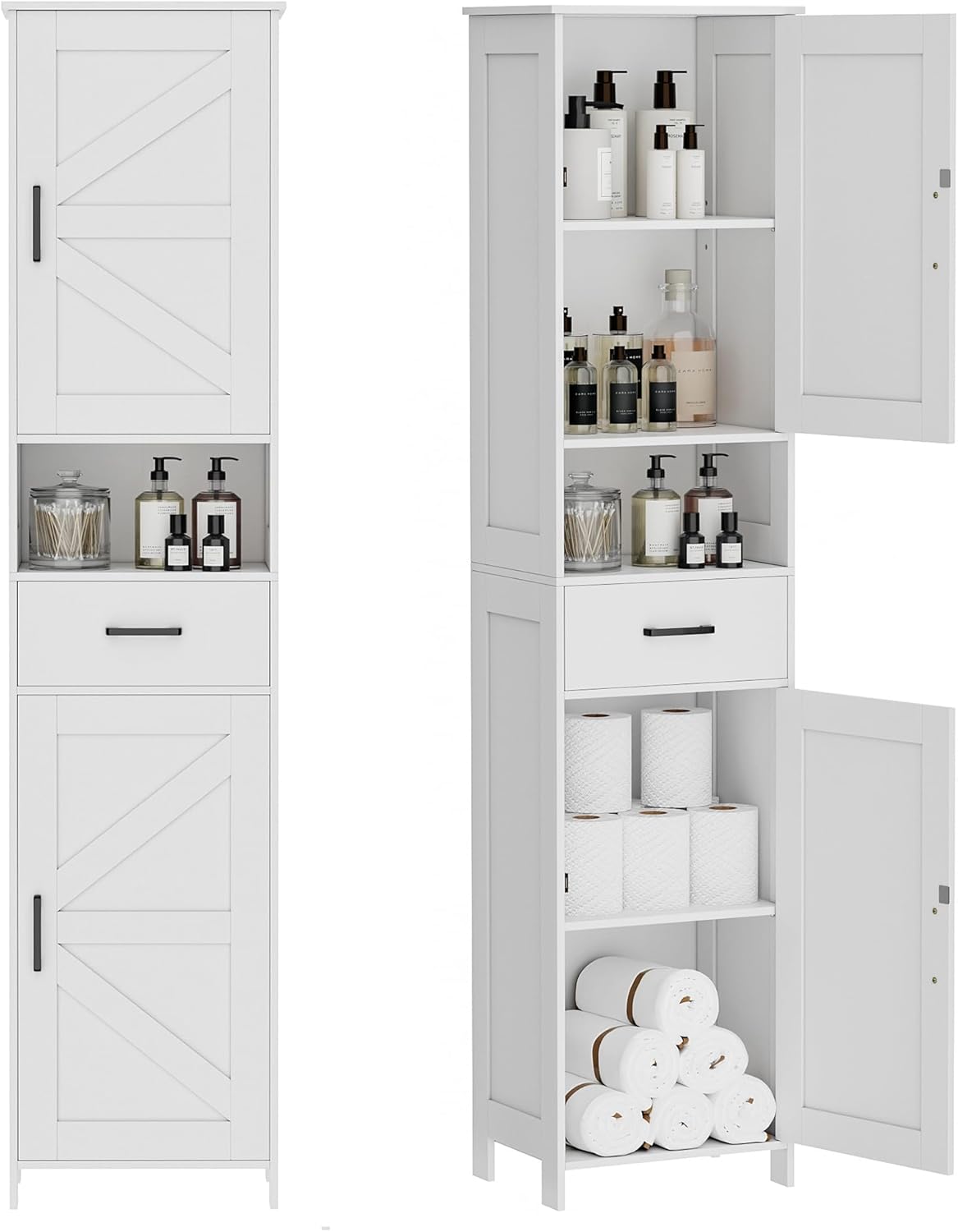 Homhedy 67" H Tall Bathroom Storage Cabinet with 2 Barn Doors and 1 Drawer. Narrow Storage Unit. Adjustable Shelves. Floor Cabinet for Bathroom. Living Room. Entryway. Kitchen. White. (15.7" W)