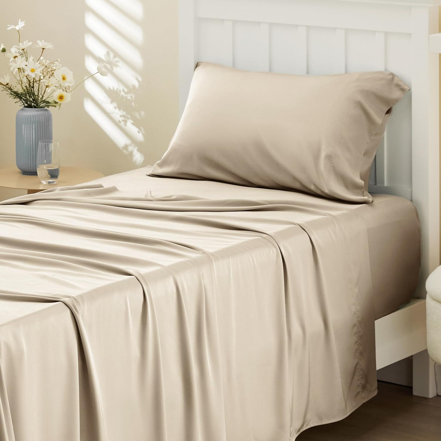 Bedsure Queen Sheet Set. Cooling Sheets for Queen Size Bed Set. Rayon Derived from Bamboo. Breathable & Soft. Deep Pocket Up to 16 Inches. Hotel Luxury Silky Bedding for Hot Sleepers. Dark Grey