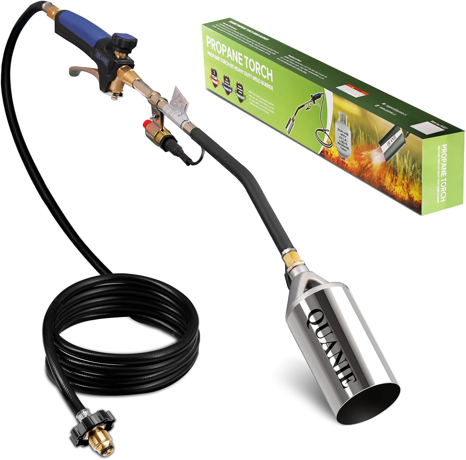 Propane Torch Burner Weed Torch High Output 2.400.000 BTU with 10FT Hose.Heavy Duty Blow Torch with Flame Control and Turbo Trigger Push Button Igniter.Flamethrower for Garden Wood Ice Snow Road (Blue