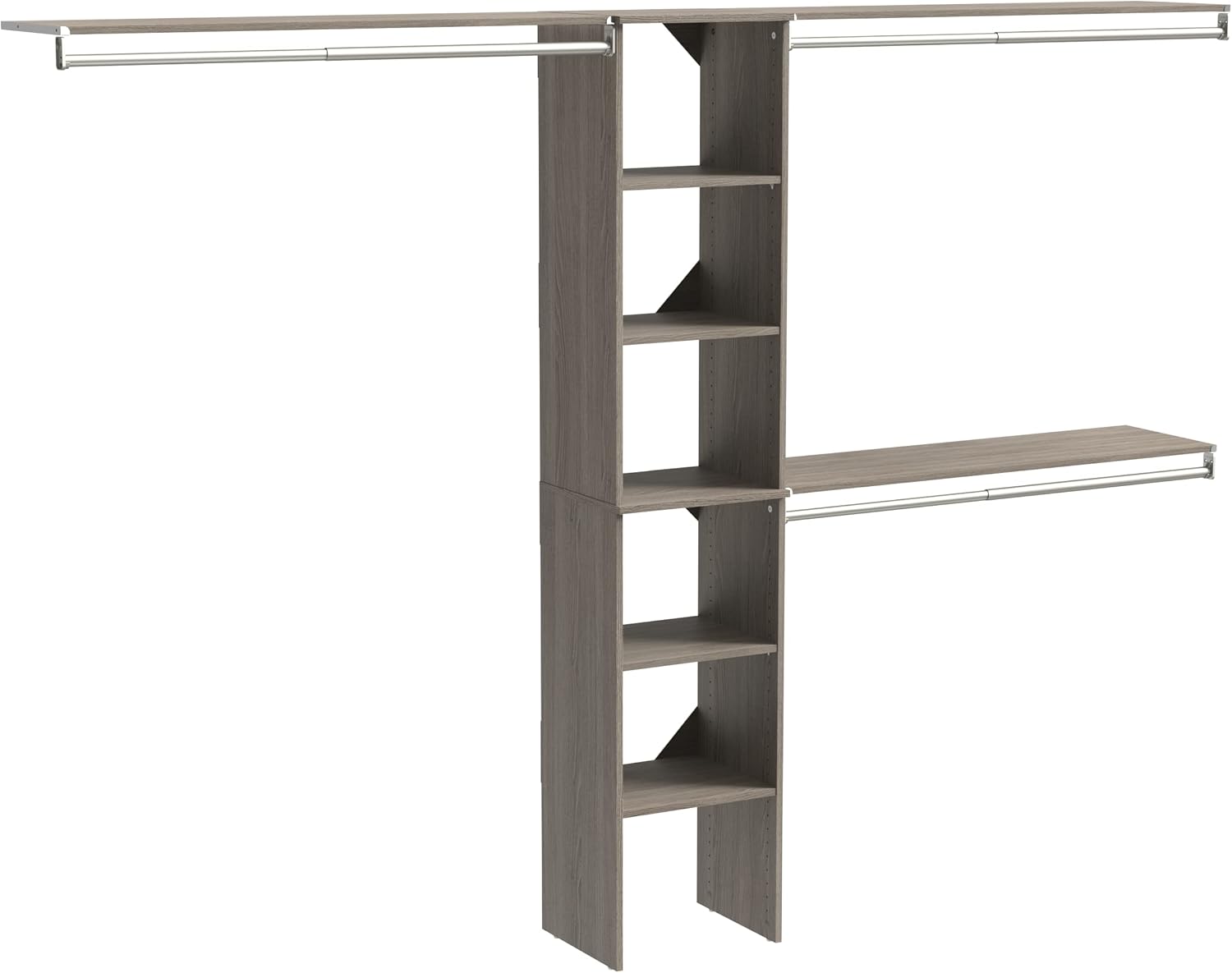 ClosetMaid SuiteSymphony Wood Closet Organizer Starter Kit with Tower and 3 Hang Rods. Shelves. Adjustable. Fits Spaces 4 – 9 ft. Wide. Engineered Wood. Pure White. 16"