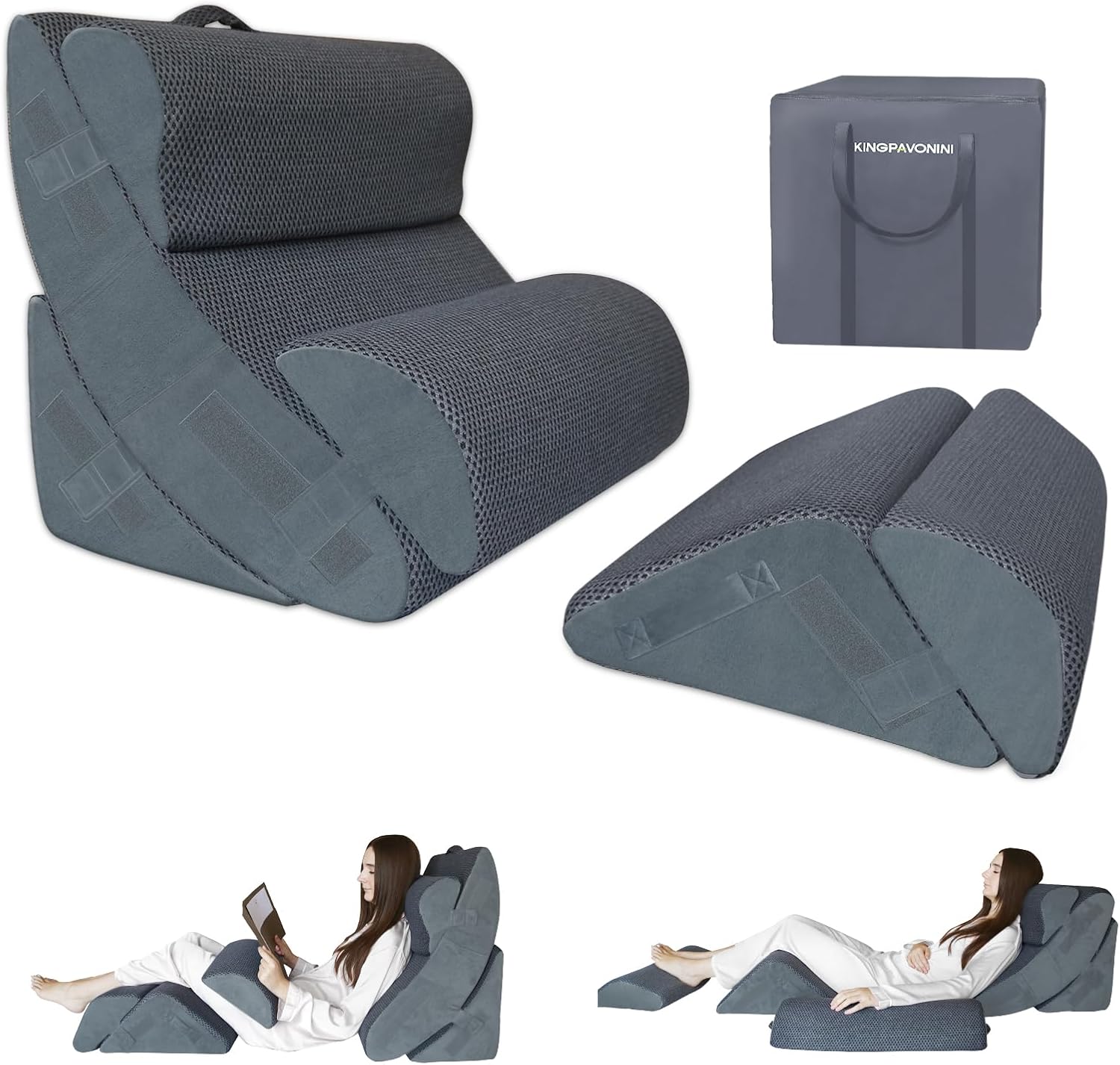 KingPavonini 4PCS Bed Wedge Pillow Post Surgery. Orthopaedic Sleeping Wedge Pillow Set for Neck. Back and Leg Pain Relief. Acid Reflux. GERD. Wedge Pillow for Sleep Apnea with Travel Bag